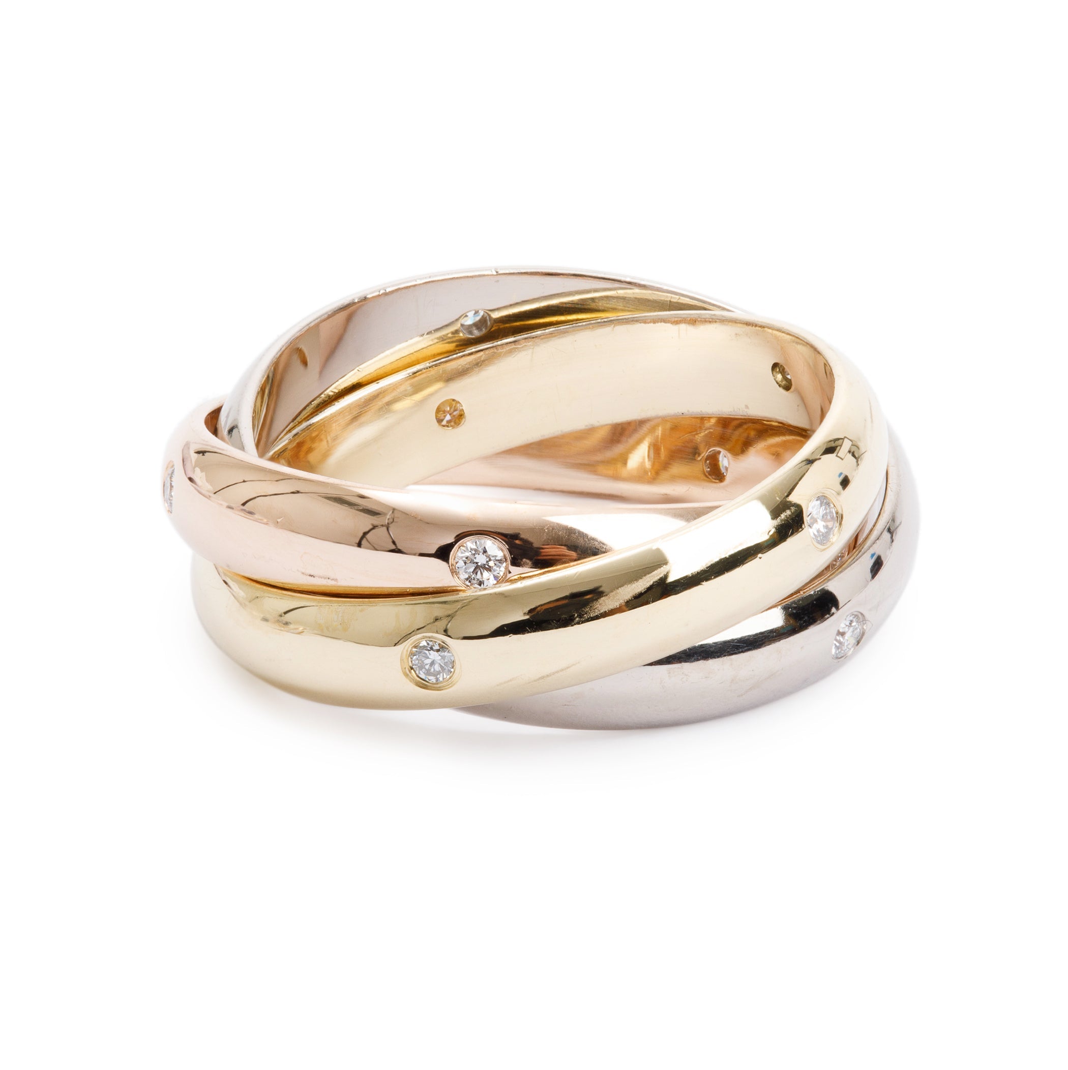 Cartier 18k Yellow, White & Rose Gold Diamond Trinity Rolling Ring, Size 55 7.75