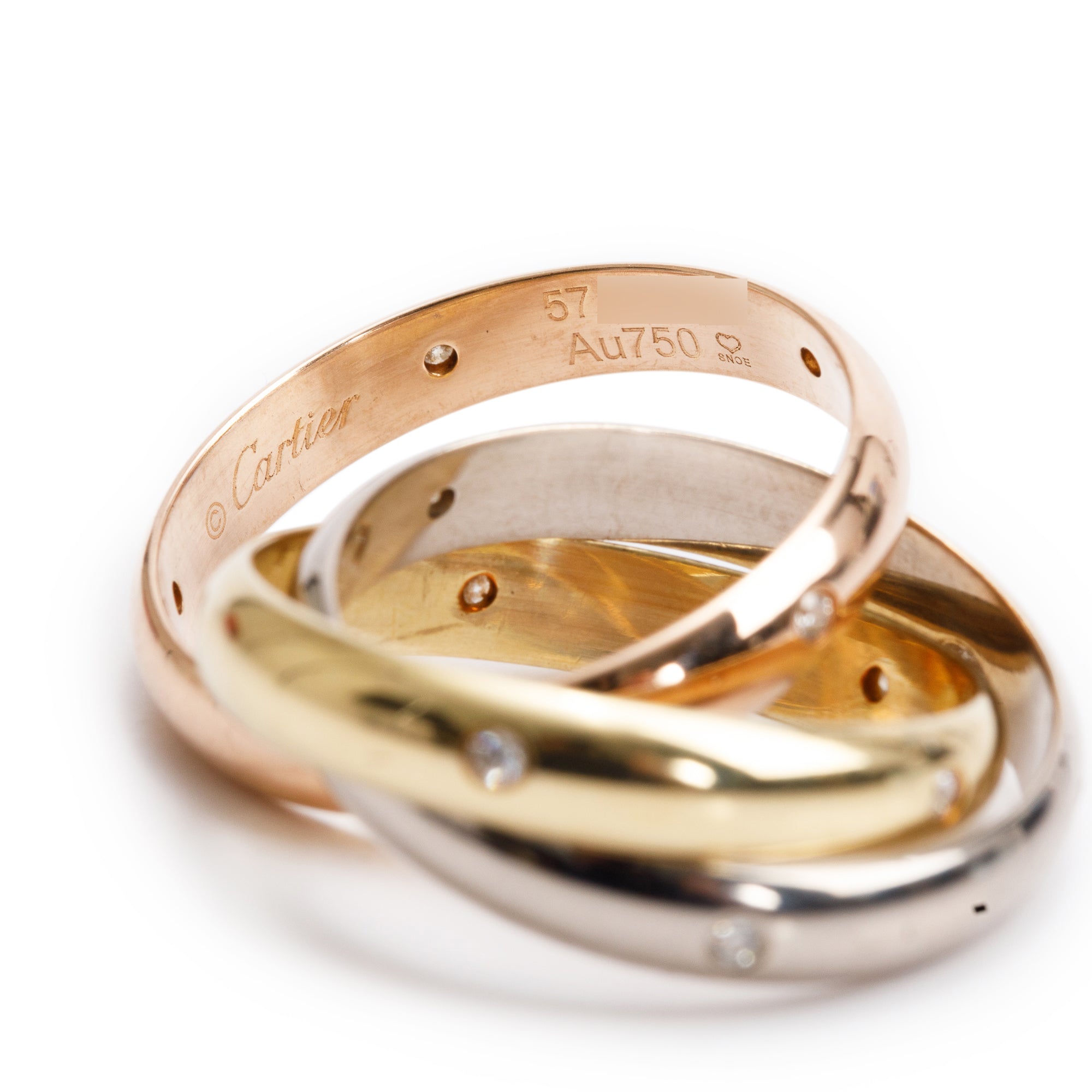 Cartier 18k Yellow, White & Rose Gold Diamond Trinity Rolling Ring, Size 57 8 w/ Box