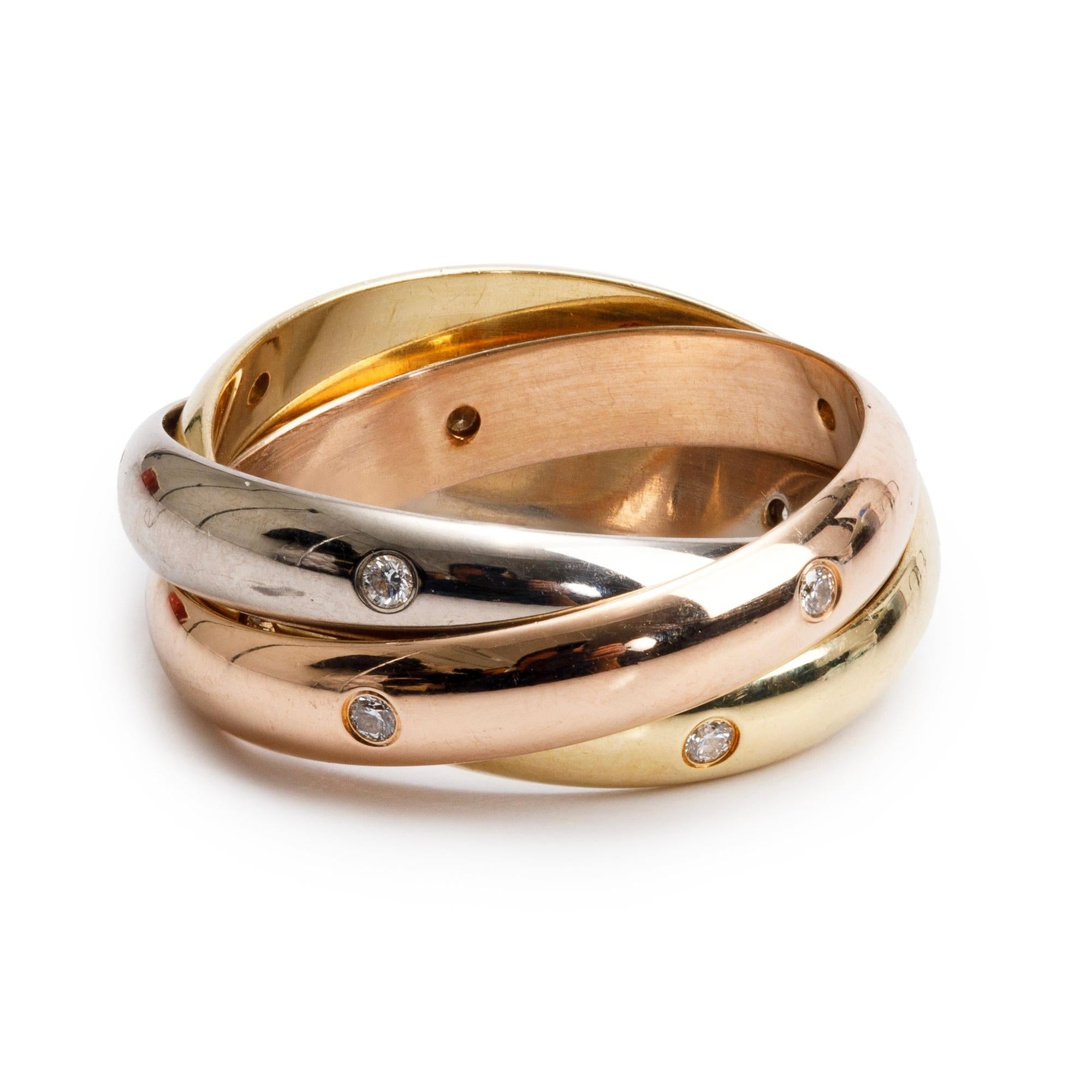 Cartier 18k Yellow, White & Rose Gold Diamond Trinity Rolling Ring, Size 57 8 w/ Box