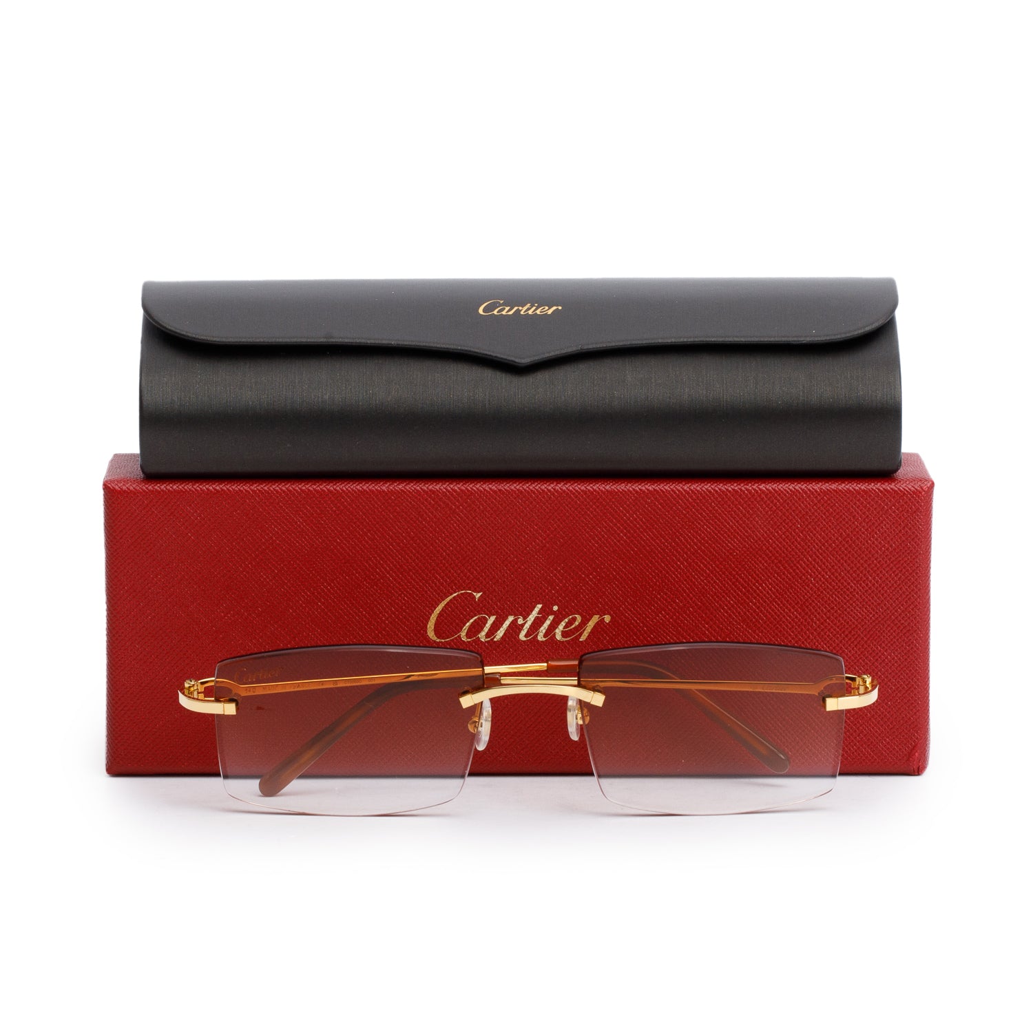 Cartier CT0050O Gold-Tone Metal Rimless Square Sunglasses w/ Box & Case