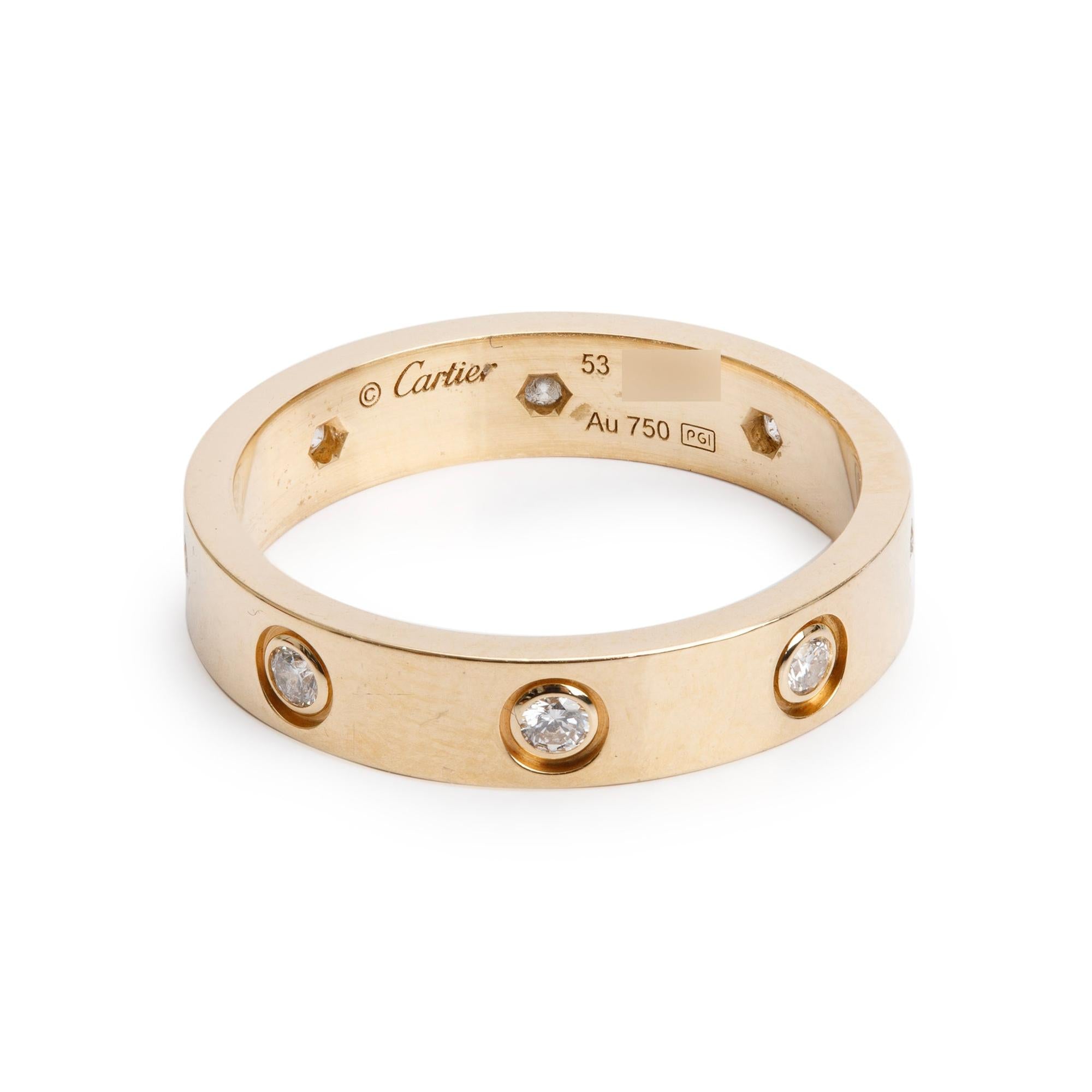 Cartier 2020 18k Yellow Gold 8 Diamond 4 mm Love Wedding Band Ring, Size 53 6.5 w/ Box & Certificate