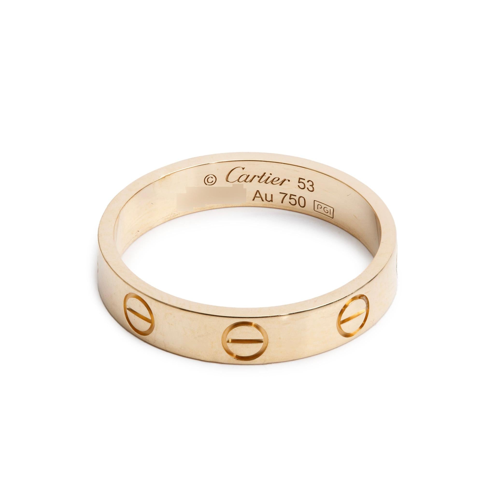 Cartier 2021 18k Yellow Gold 3.6 mm Love Wedding Band Ring, Size 53 6.5 w/ Box & Certificate