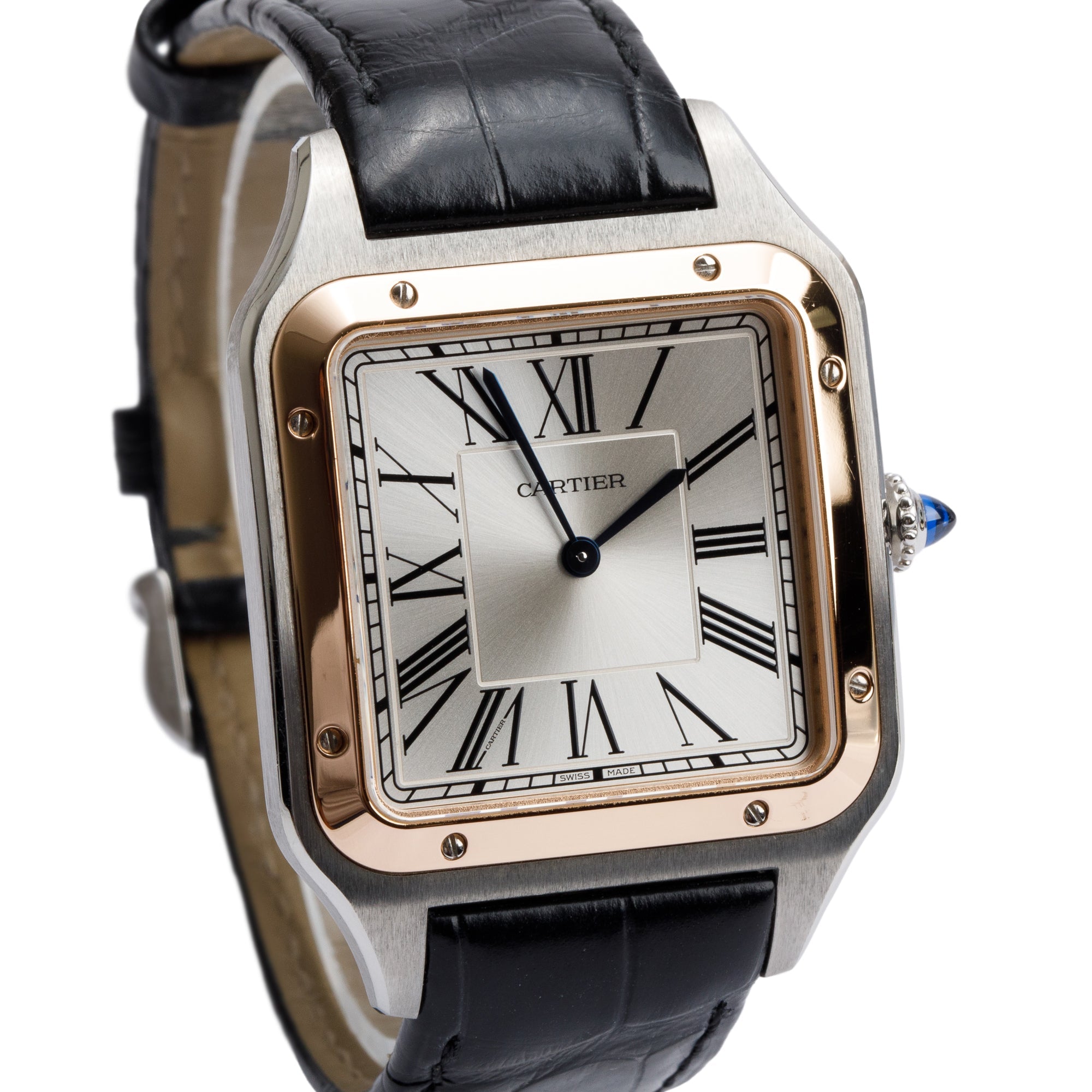 Cartier 2021 Stainless Steel & 18k Rose Gold Santos Dumont Watch, XL Model 4305 w/ Card