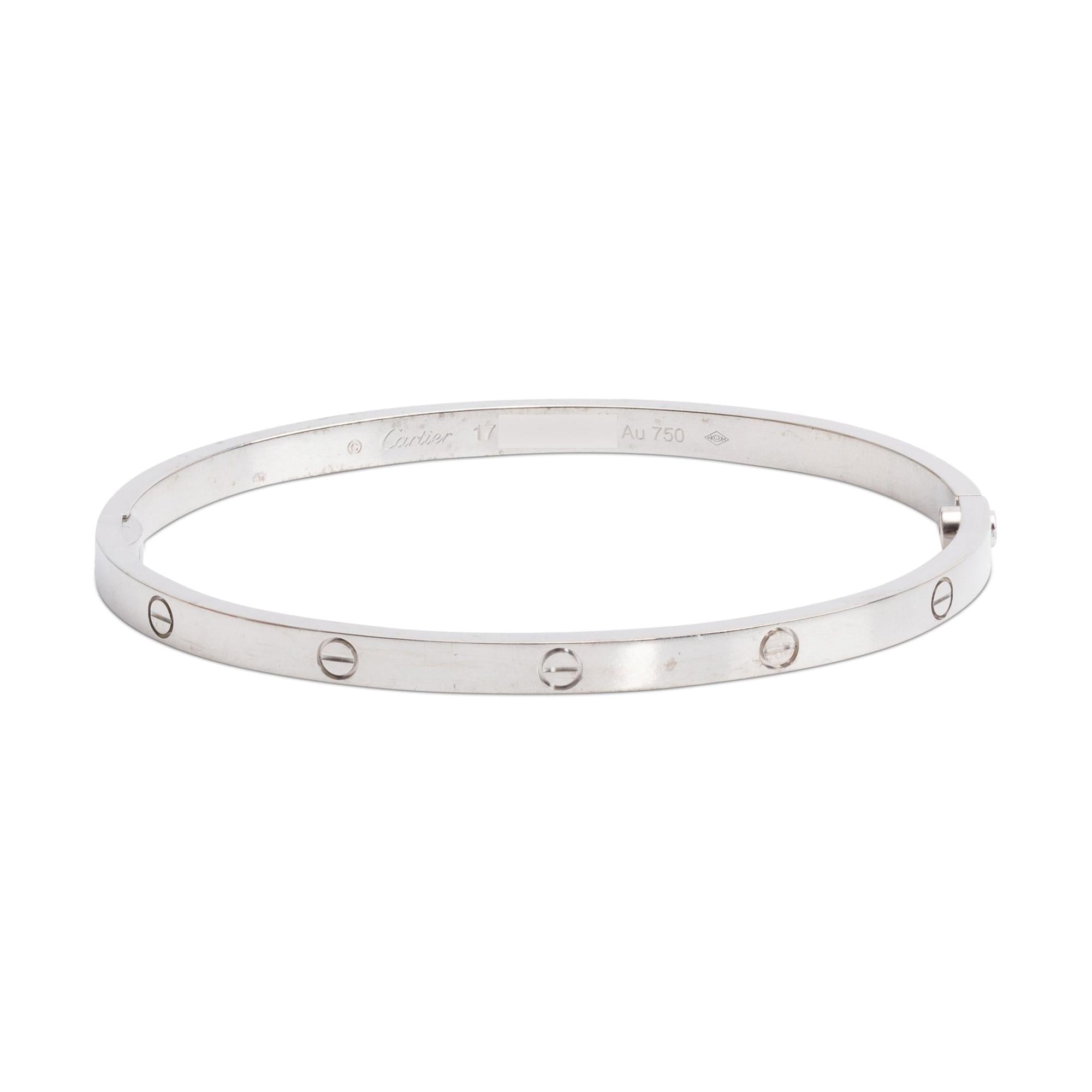 Cartier 2022 18k White Gold 3.65 MM Love Bracelet, Small Model, Size 17 w/ Box, Receipt & Certificate