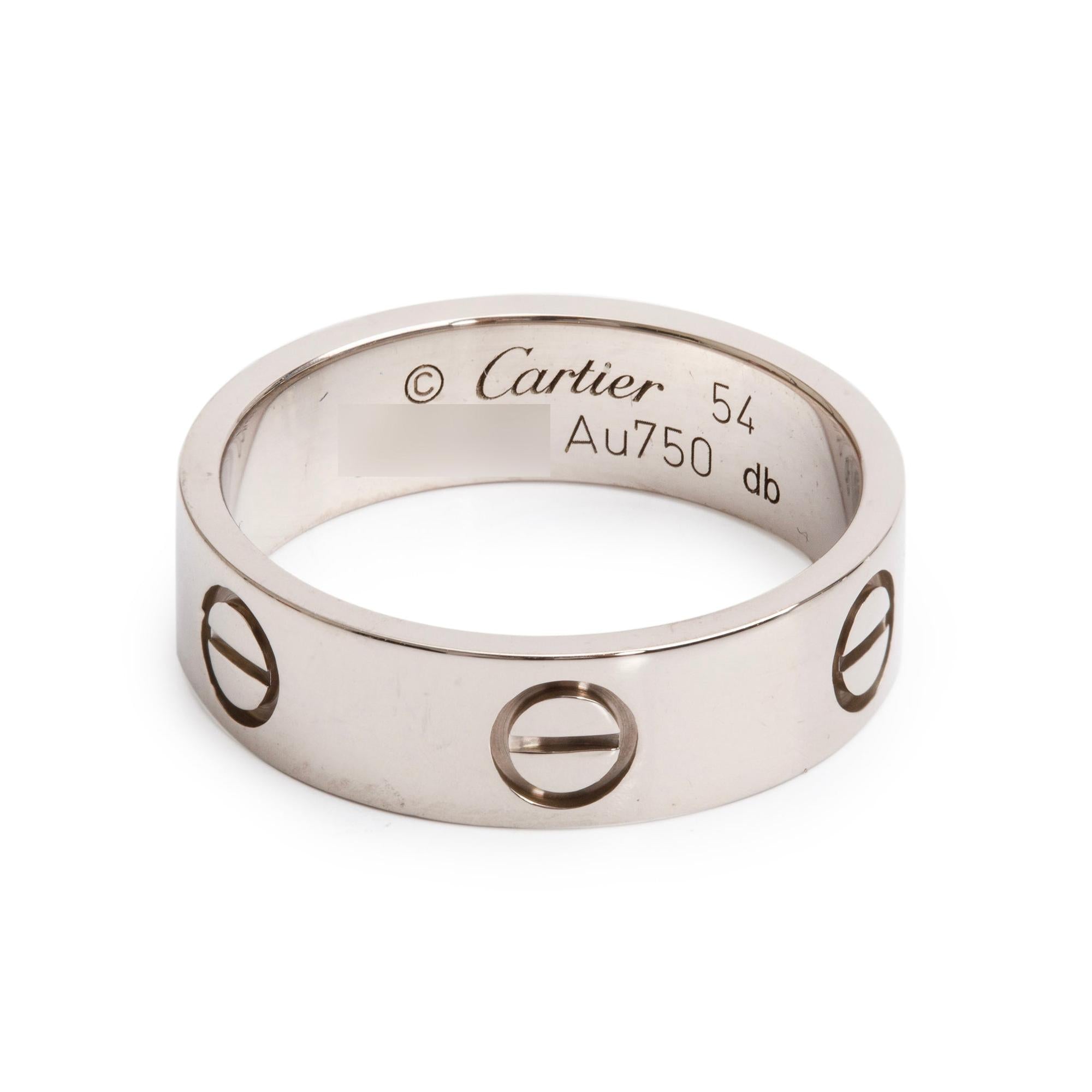 Cartier 2022 18k White Gold 5.5 MM Love Ring, Size 54 7 w/ Box, Receipt & Certificate