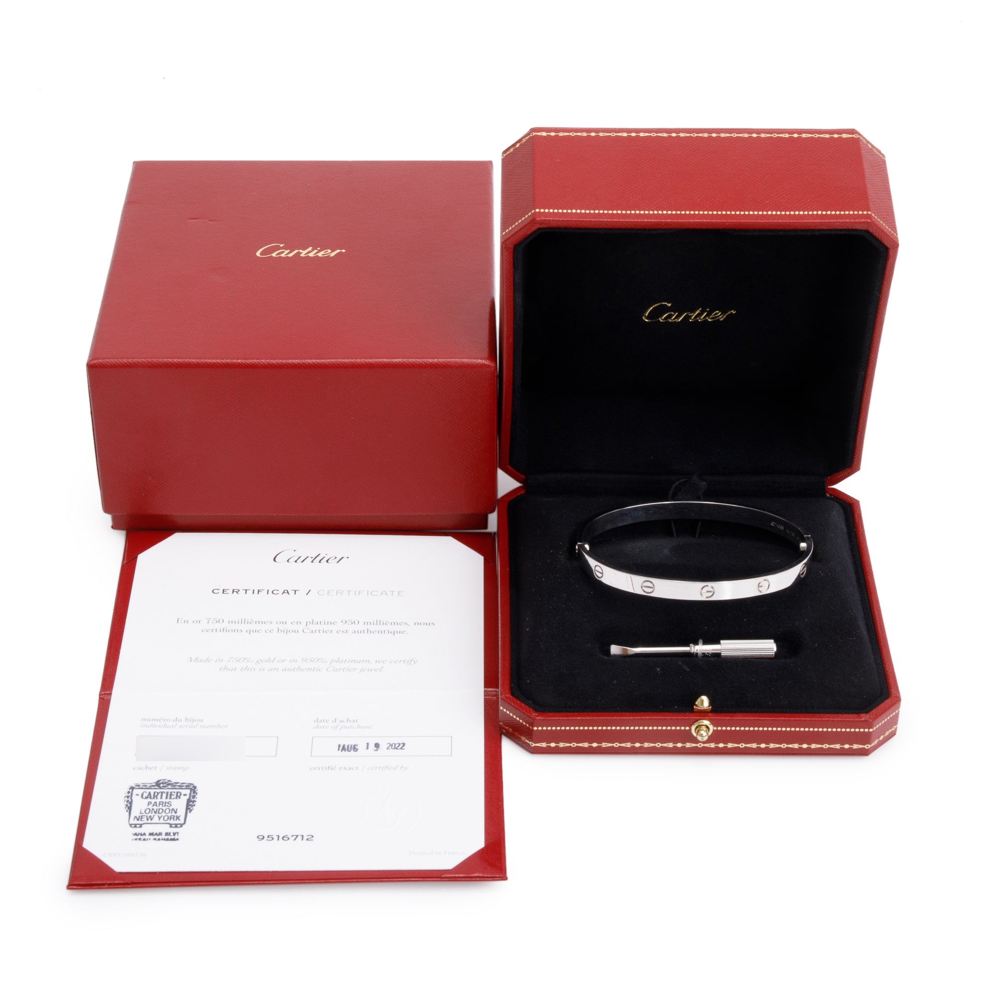 Cartier 2022 18k White Gold Love Bracelet, Size 21 w/ Box & Certificate