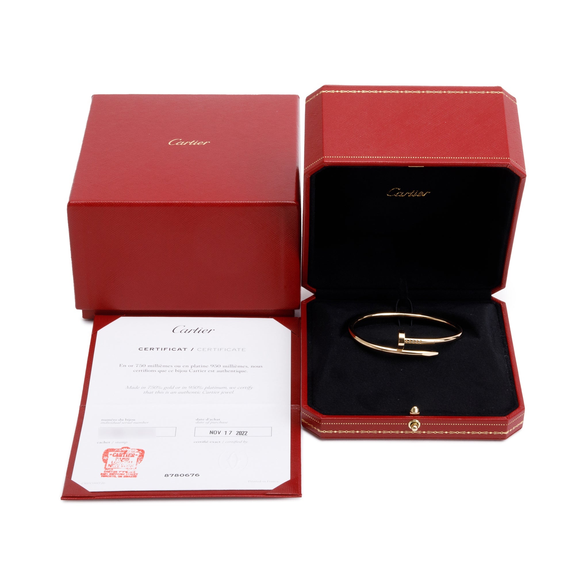 Cartier 2022 18k Yellow Gold Juste Un Clou Bracelet, Size 17 w/ Box & Certificate