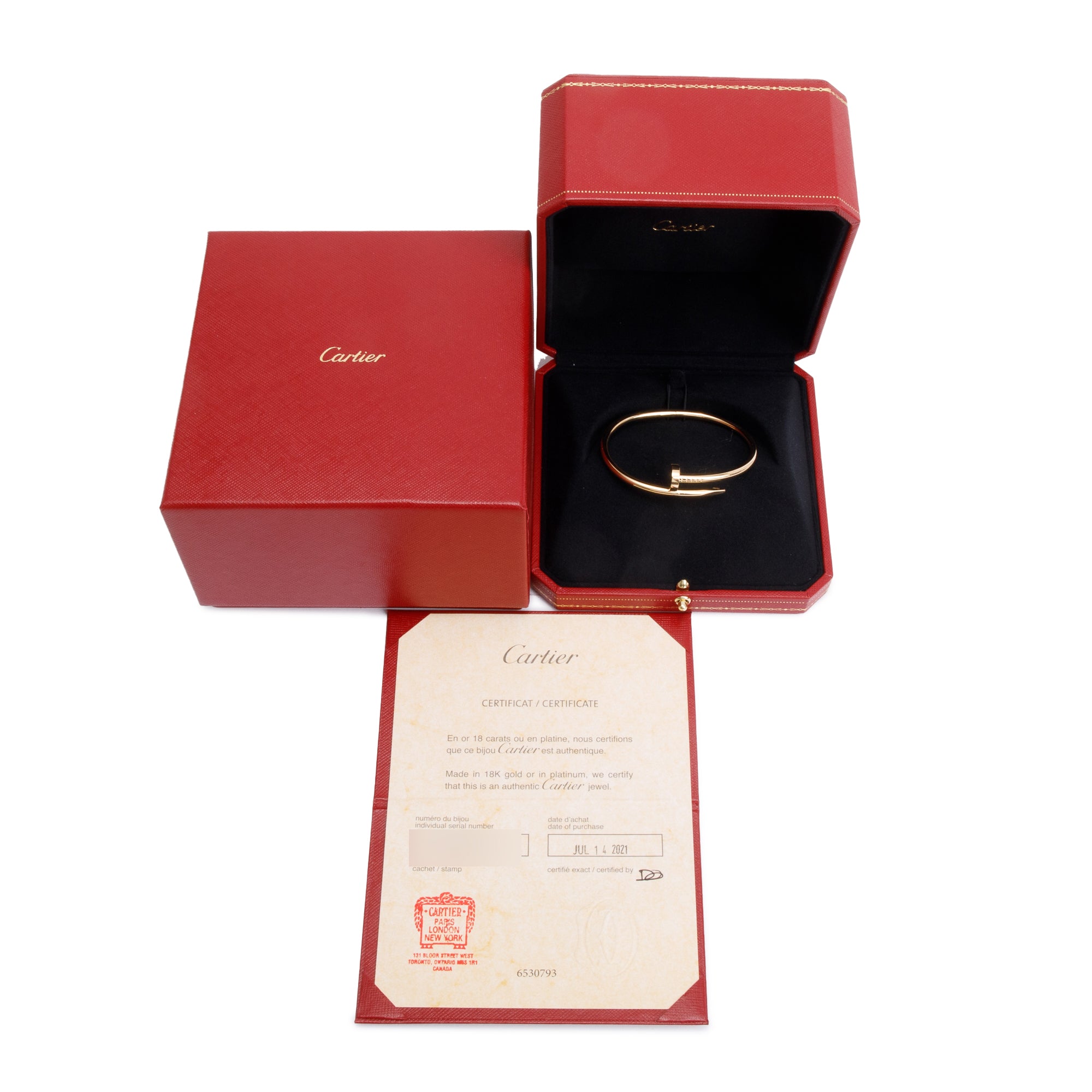 Cartier 2022 18k Yellow Gold Juste Un Clou Bracelet, Size 17 w/ Box, Certificate & Receipt