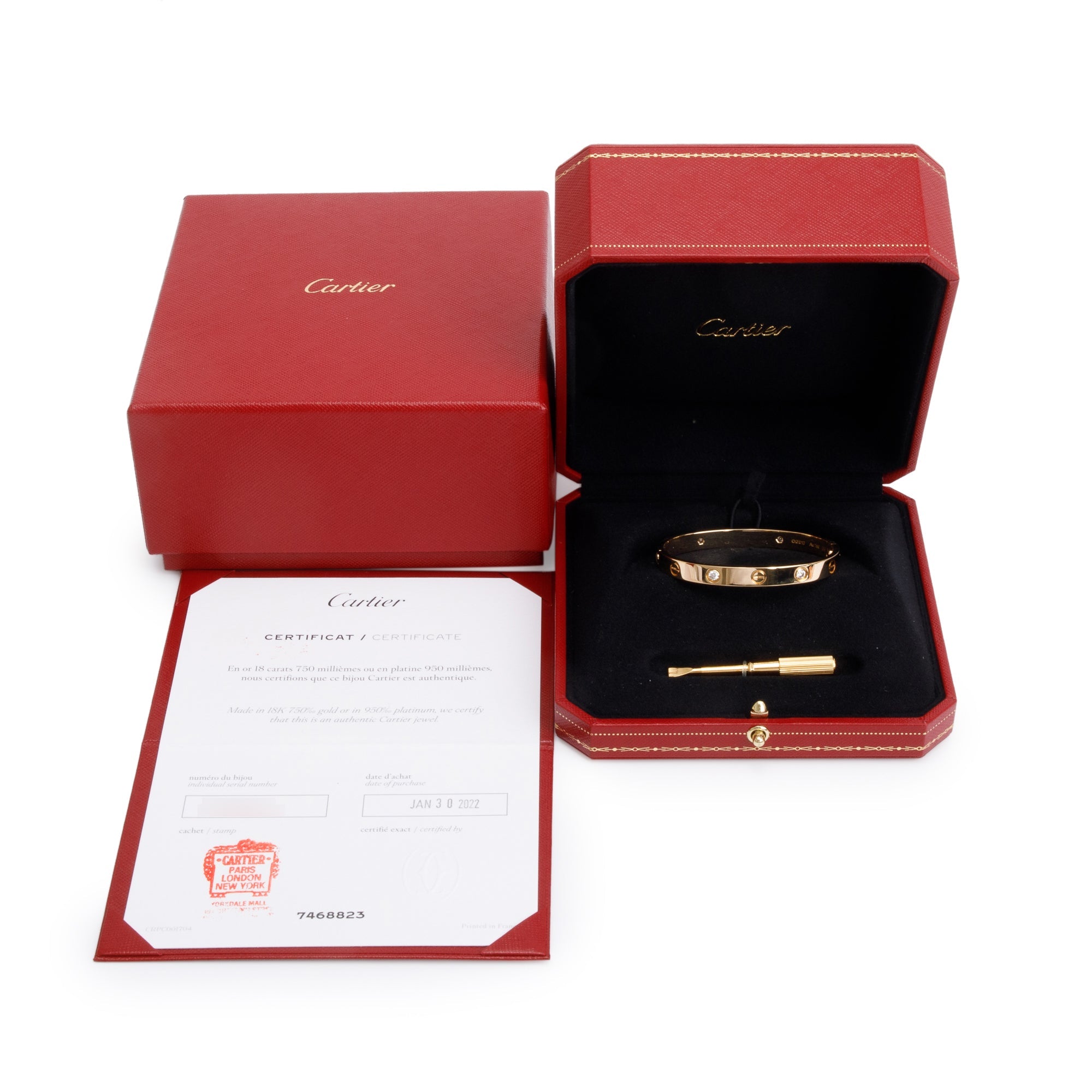 Cartier 2022 18k Yellow Gold Love Bracelet with 4 Diamonds, Size 16 w/ Box, Certificate & Receipt