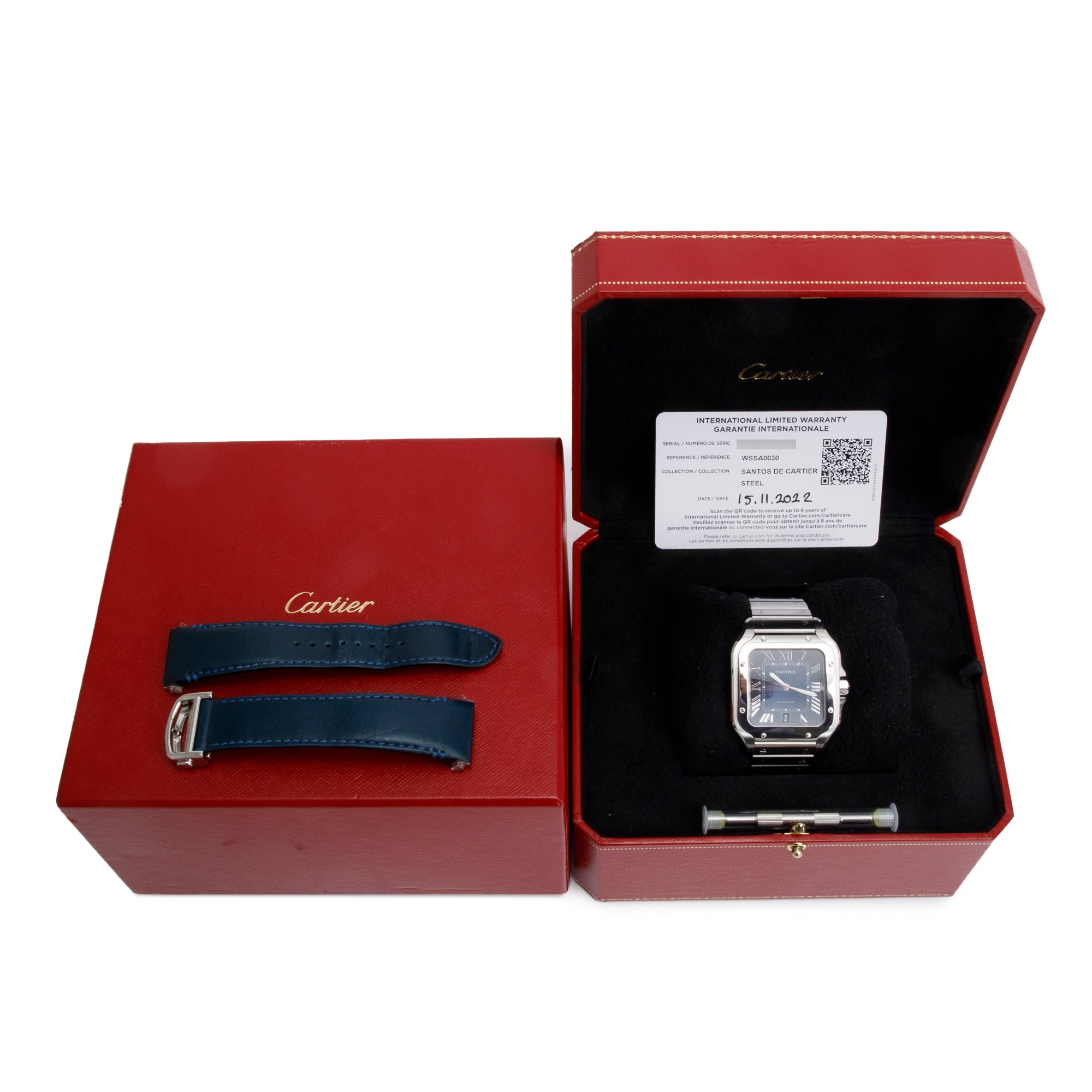 Cartier 2022 Stainless Steel Santos de Cartier Blue Dial Automatic Watch, Large Model 4072 w/ Box, Papers & Extra Strap