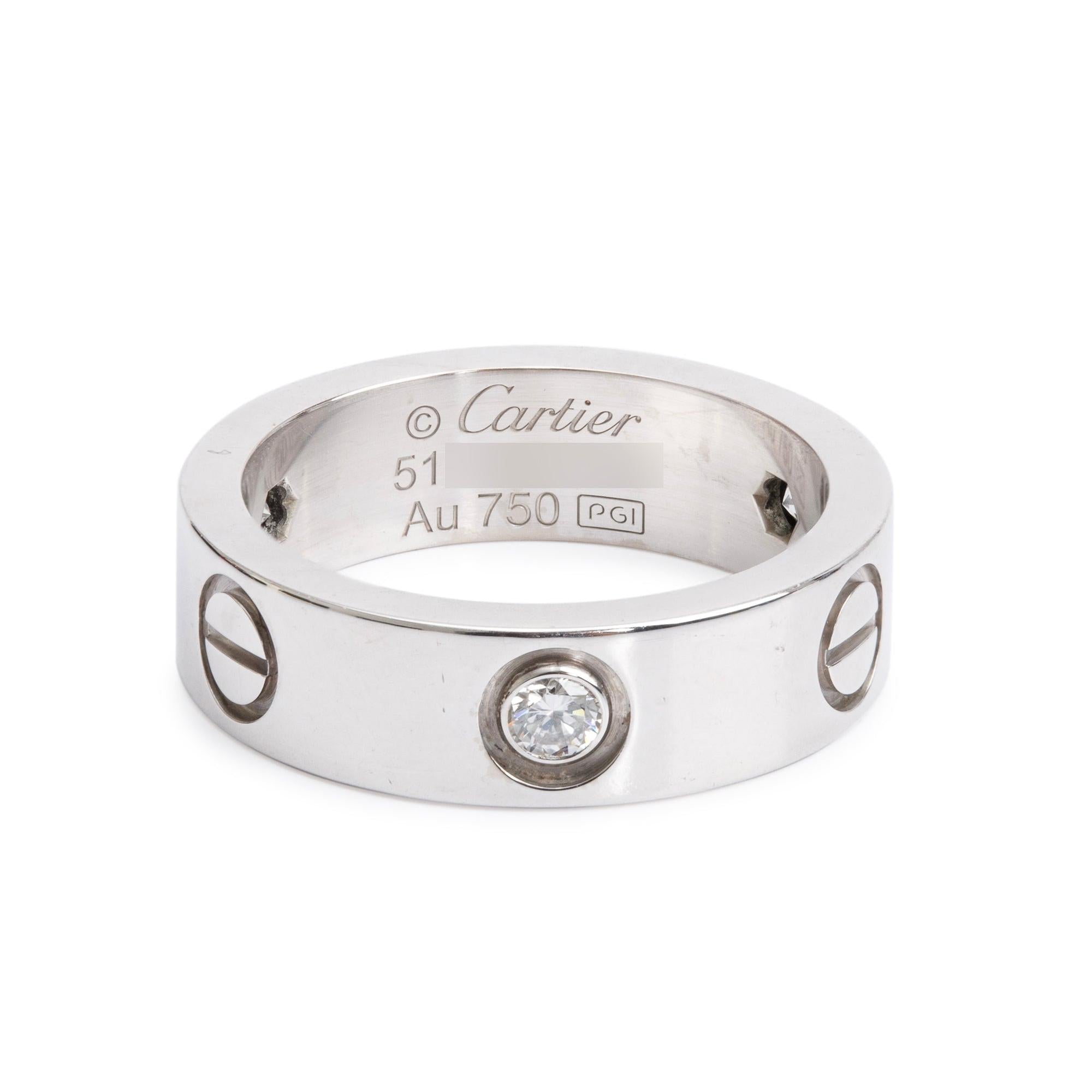 Cartier 2023 18k White Gold 3 Diamond 5.5 MM Love Ring, Size 51 5.75 w/ Certificate