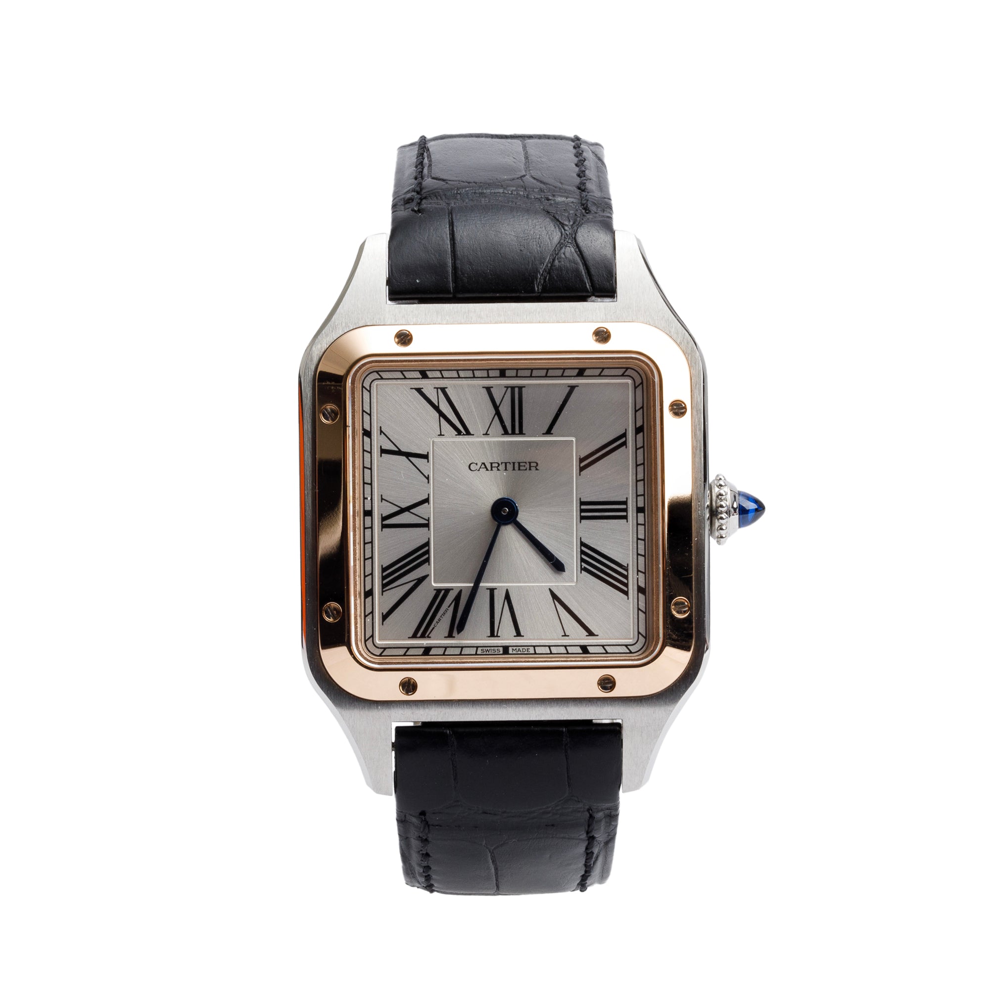 Cartier 2023 Stainless Steel & 18k Rose Gold Santos Dumont Watch, Large Model 4240 w/ Box & Papers