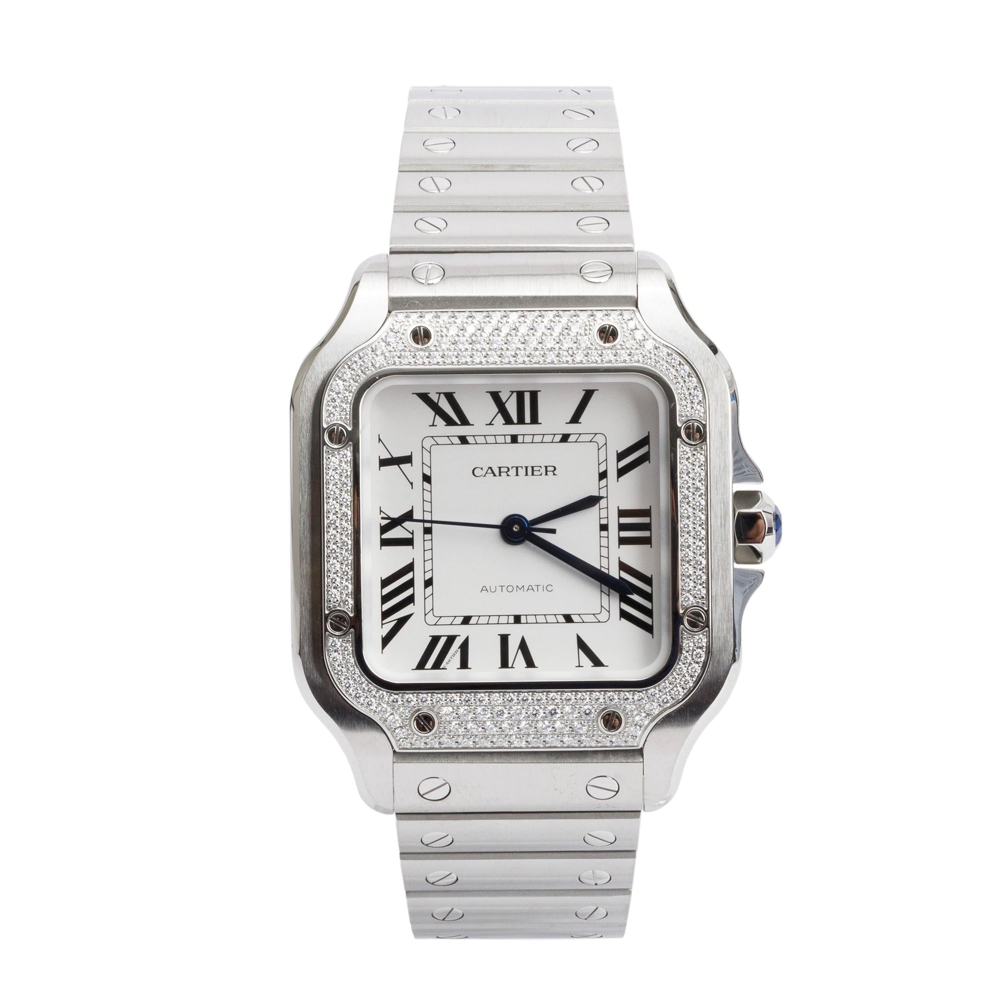 Cartier 2023 Stainless Steel Pave Diamond Bezel Santos de Cartier Automatic Watch, Medium Model 4075 w/ Box & Papers
