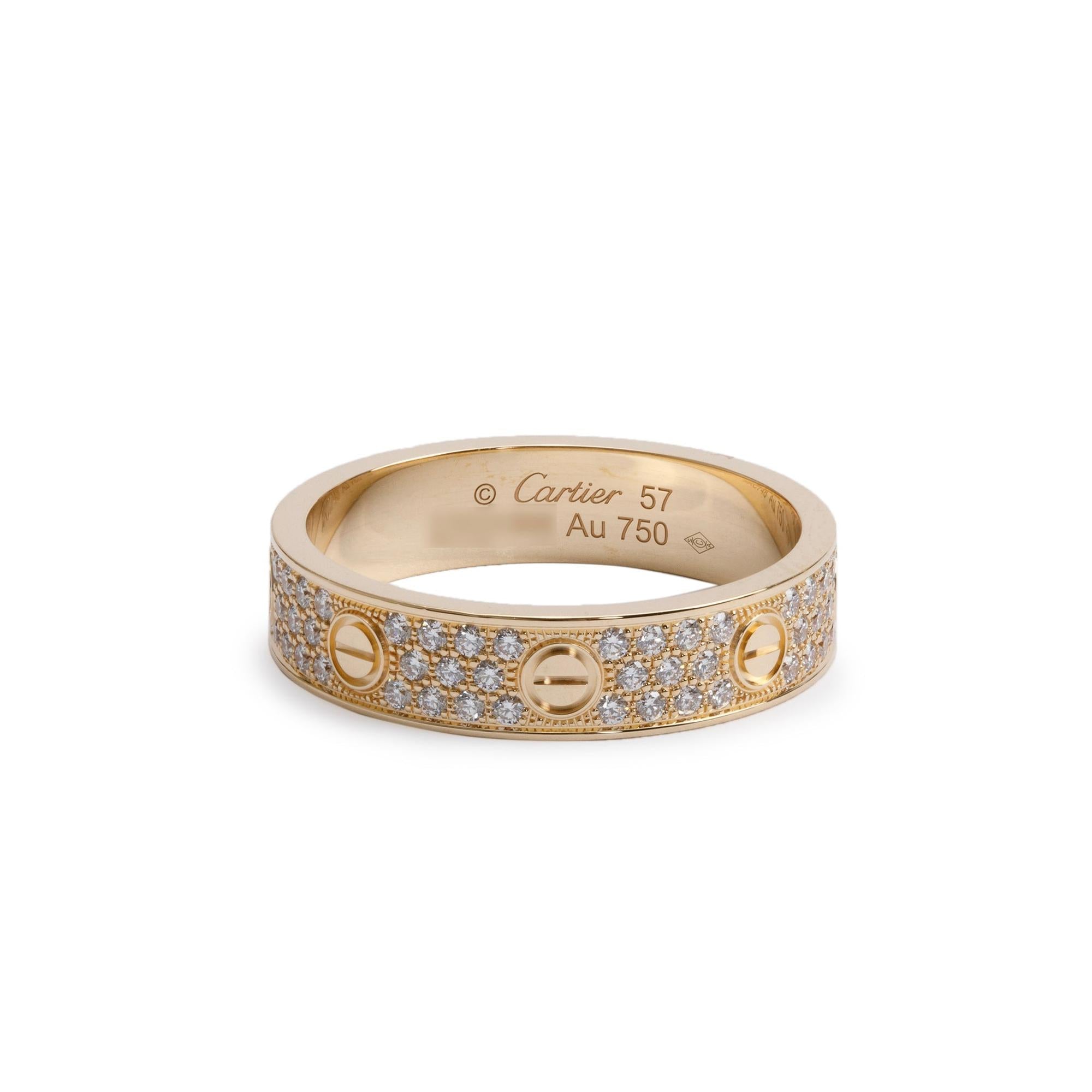 Cartier 2024 18k Yellow Gold Pave Diamond Love Wedding Band Ring, Size 57 8 w/ Box & Certificate