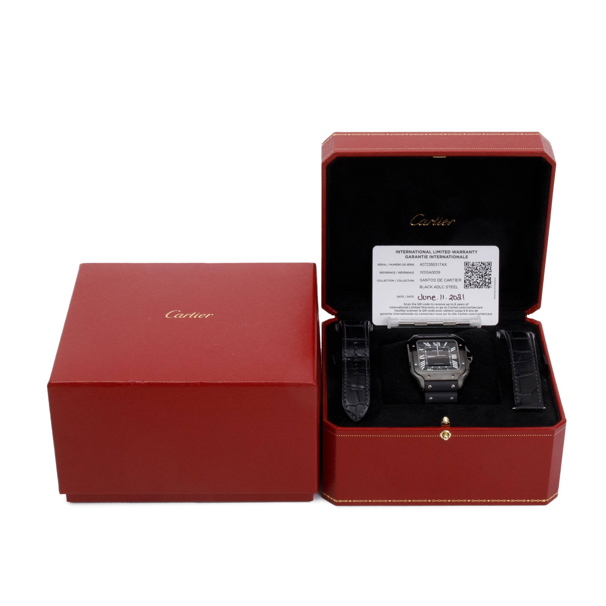 Cartier Black ADLC Stainless Steel Santos de Cartier Automatic Watch, Large Model w/ Box, Papers, Extra Strap