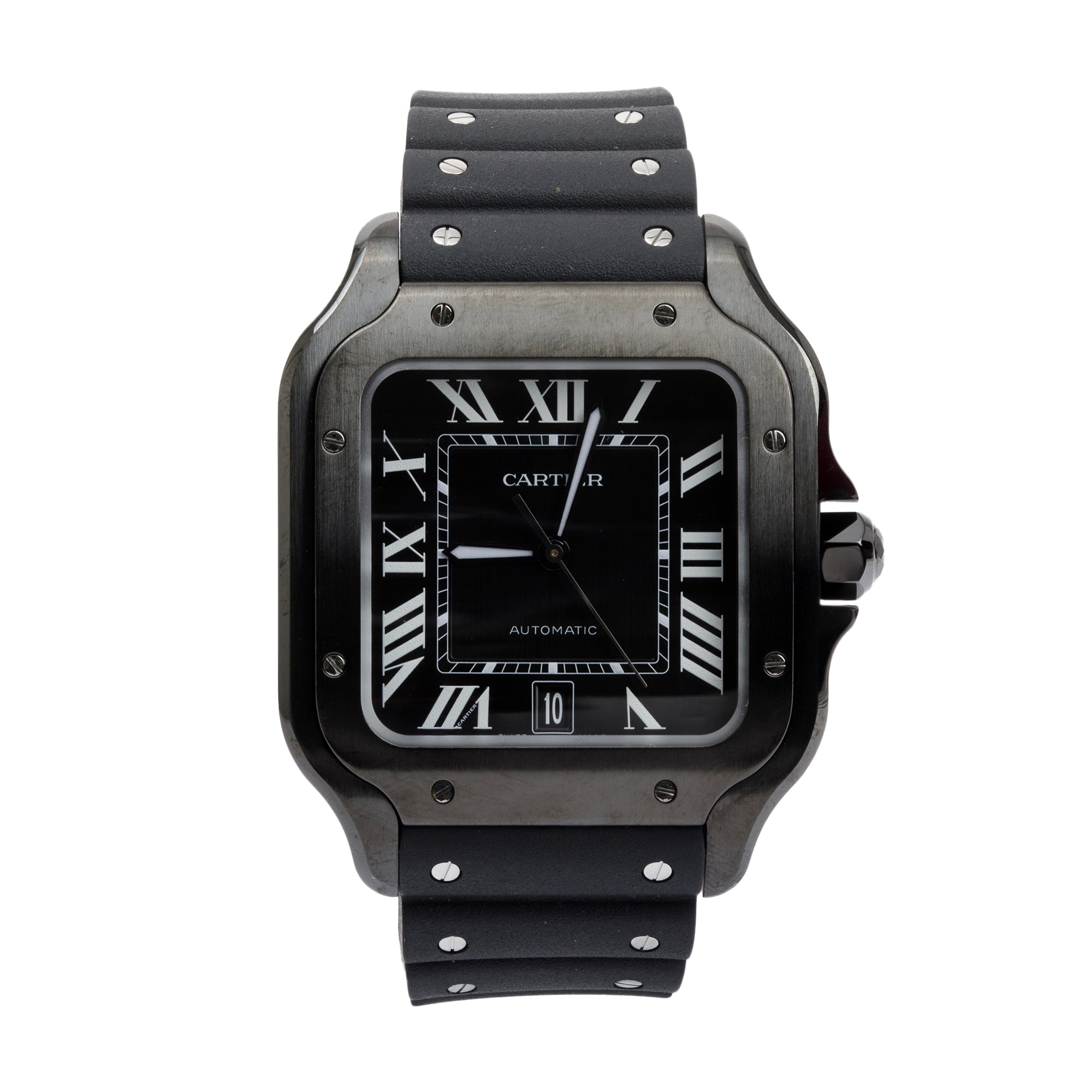 Cartier Black ADLC Stainless Steel Santos de Cartier Automatic Watch, Large Model w/ Box, Papers, Extra Strap