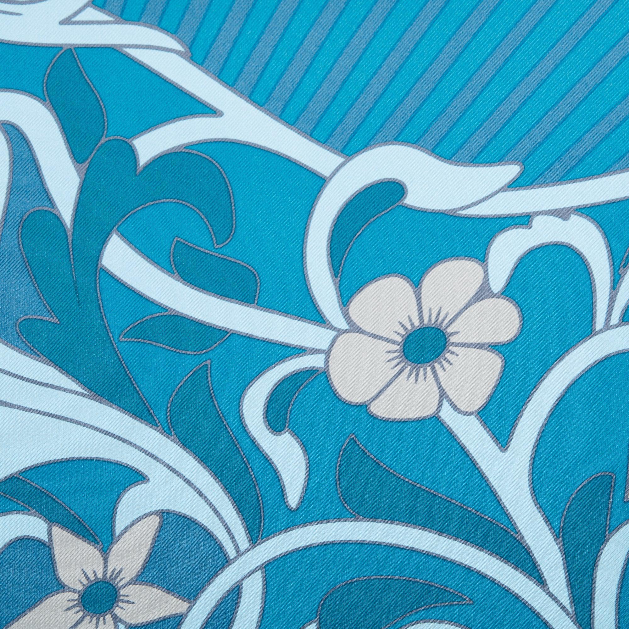 Cartier Blue Floral Print Silk Scarf 90 w/ Box