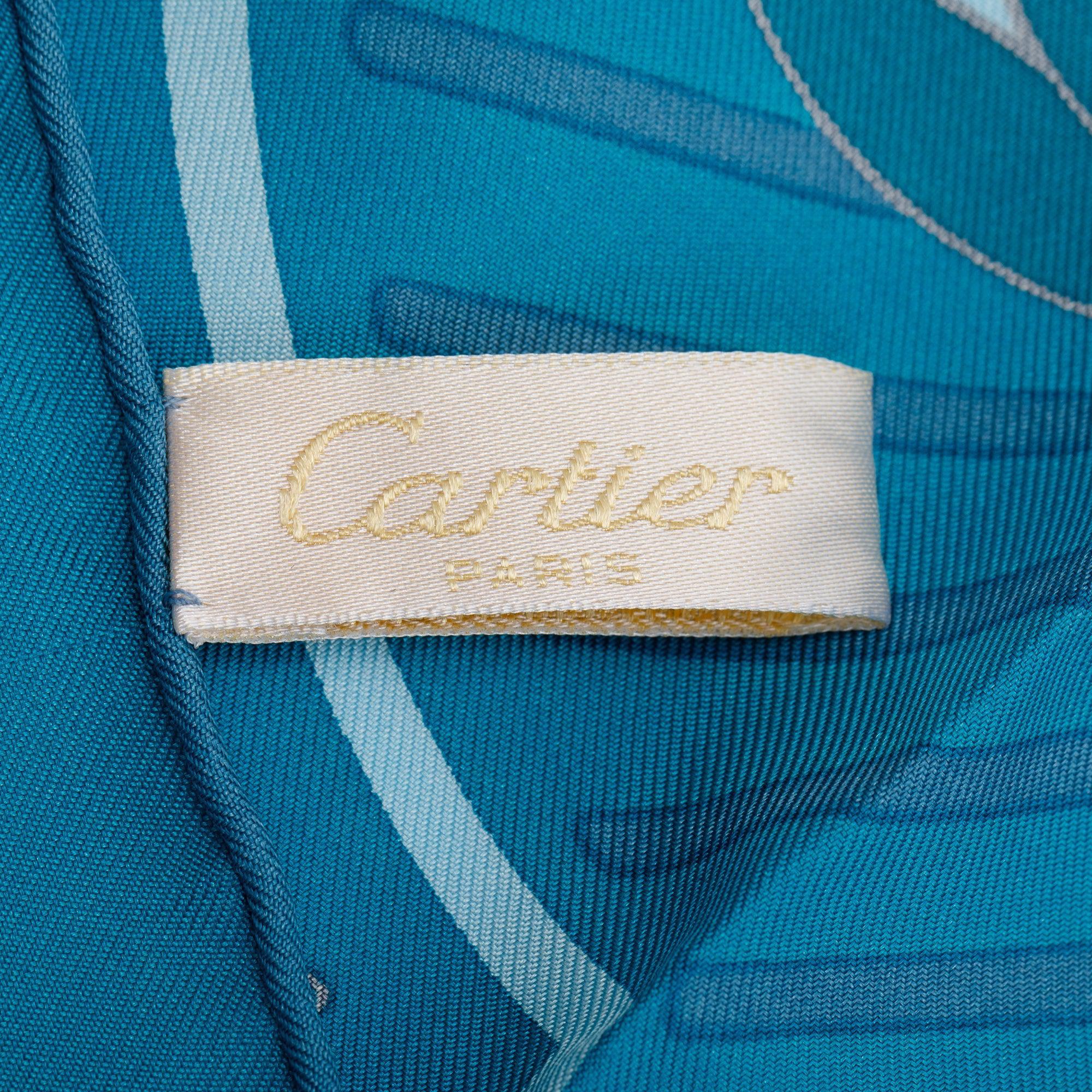 Cartier Blue Floral Print Silk Scarf 90 w/ Box