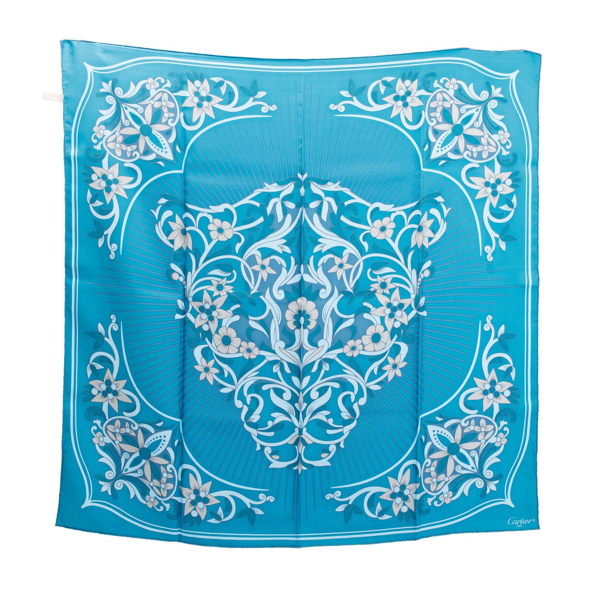Cartier Blue Floral Print Silk Scarf 90 w/ Box