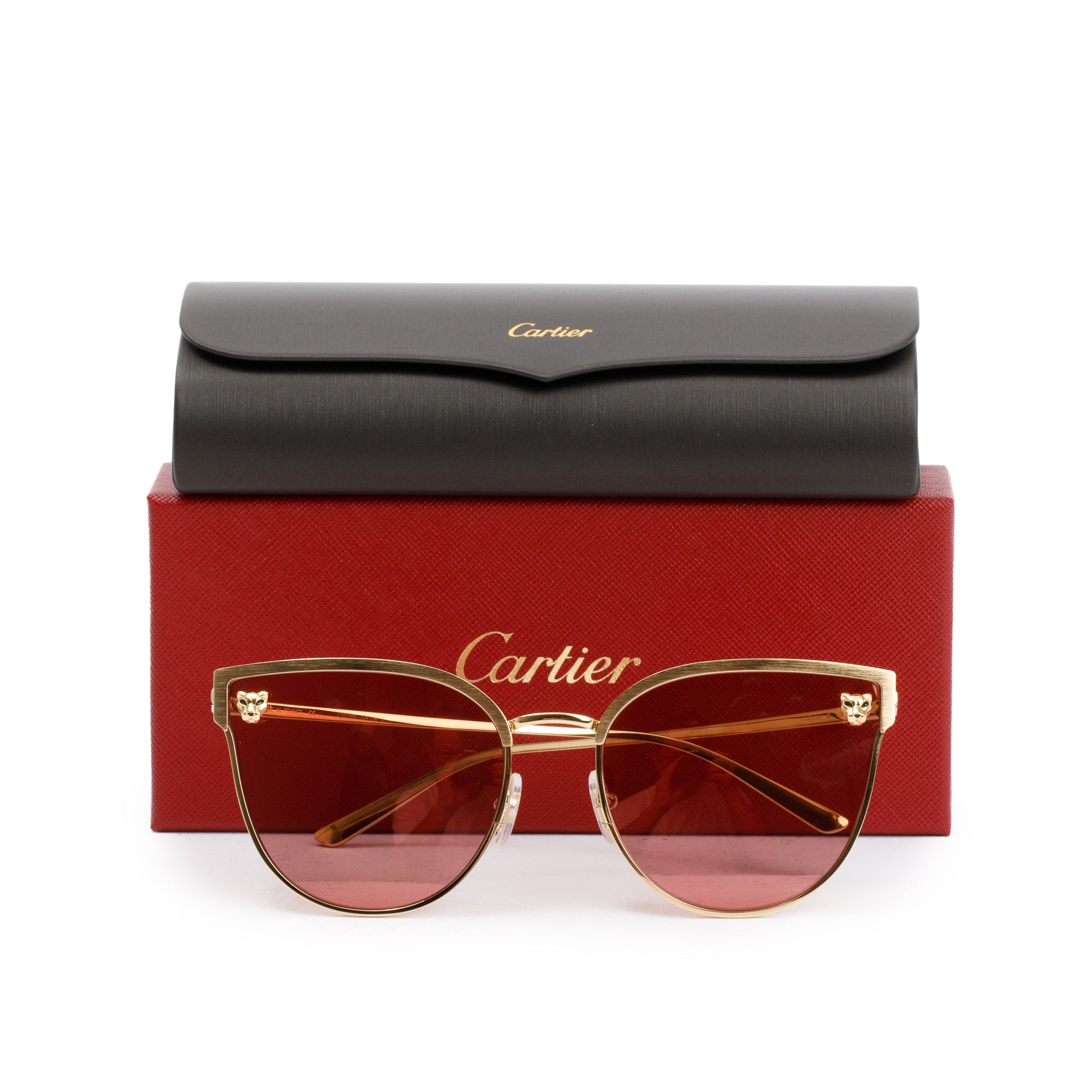 Cartier CT0198S Gold-Plated Metal Frame Panthere De Cartier Sunglasses w/ Box & Case