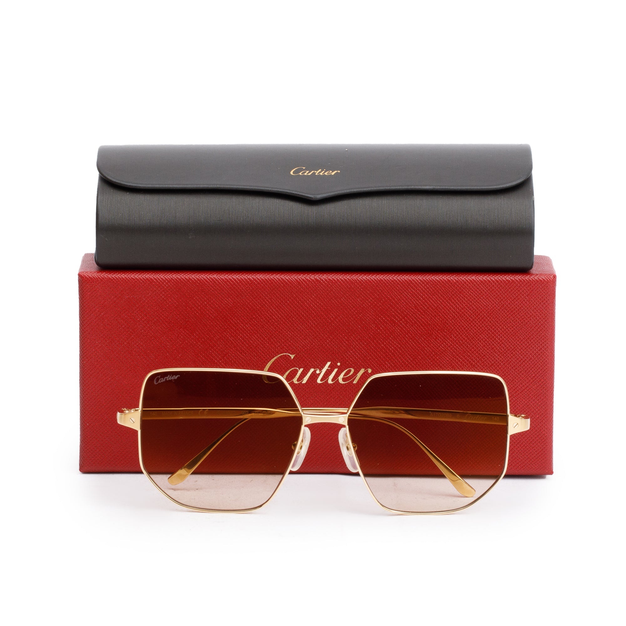 Cartier CT0327S Gold-Plated Metal Frame Santos Geometric Sunglasses w/ Box & Case