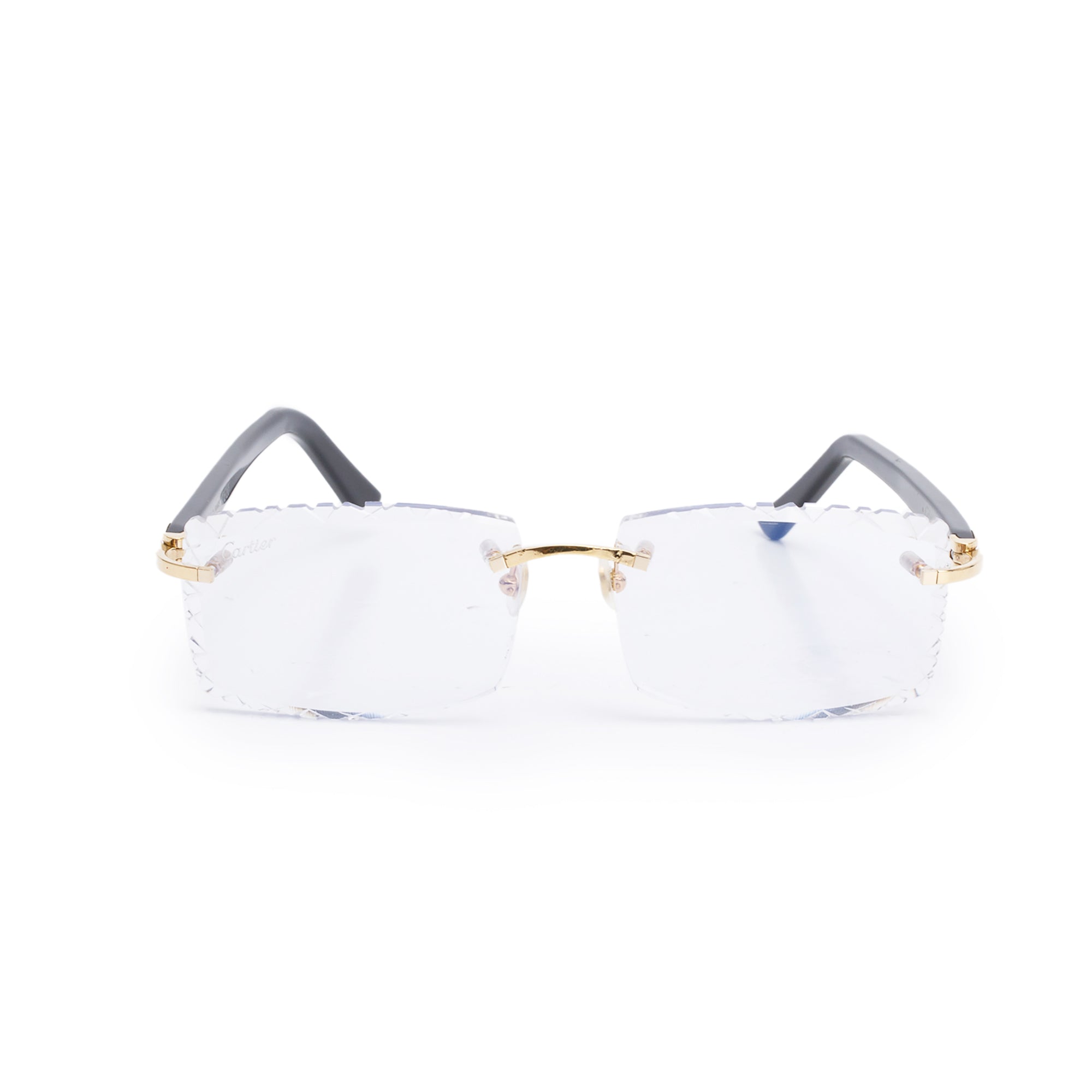 Cartier Gold Tone Metal Rimless Diamond Cut Sunglasses w/ Box