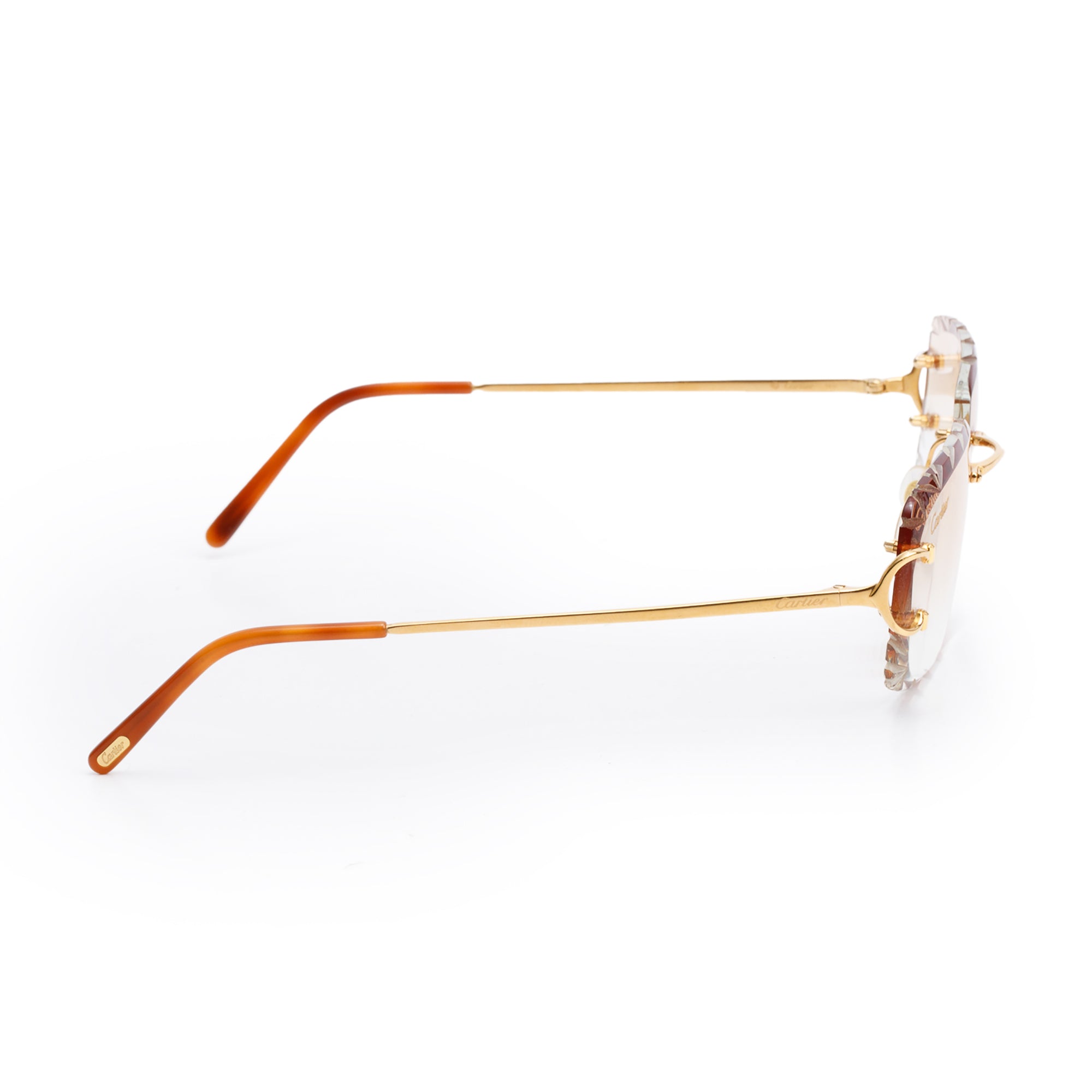 Cartier Gold Tone Metal Rimless Diamond Cut Sunglasses w/ Case