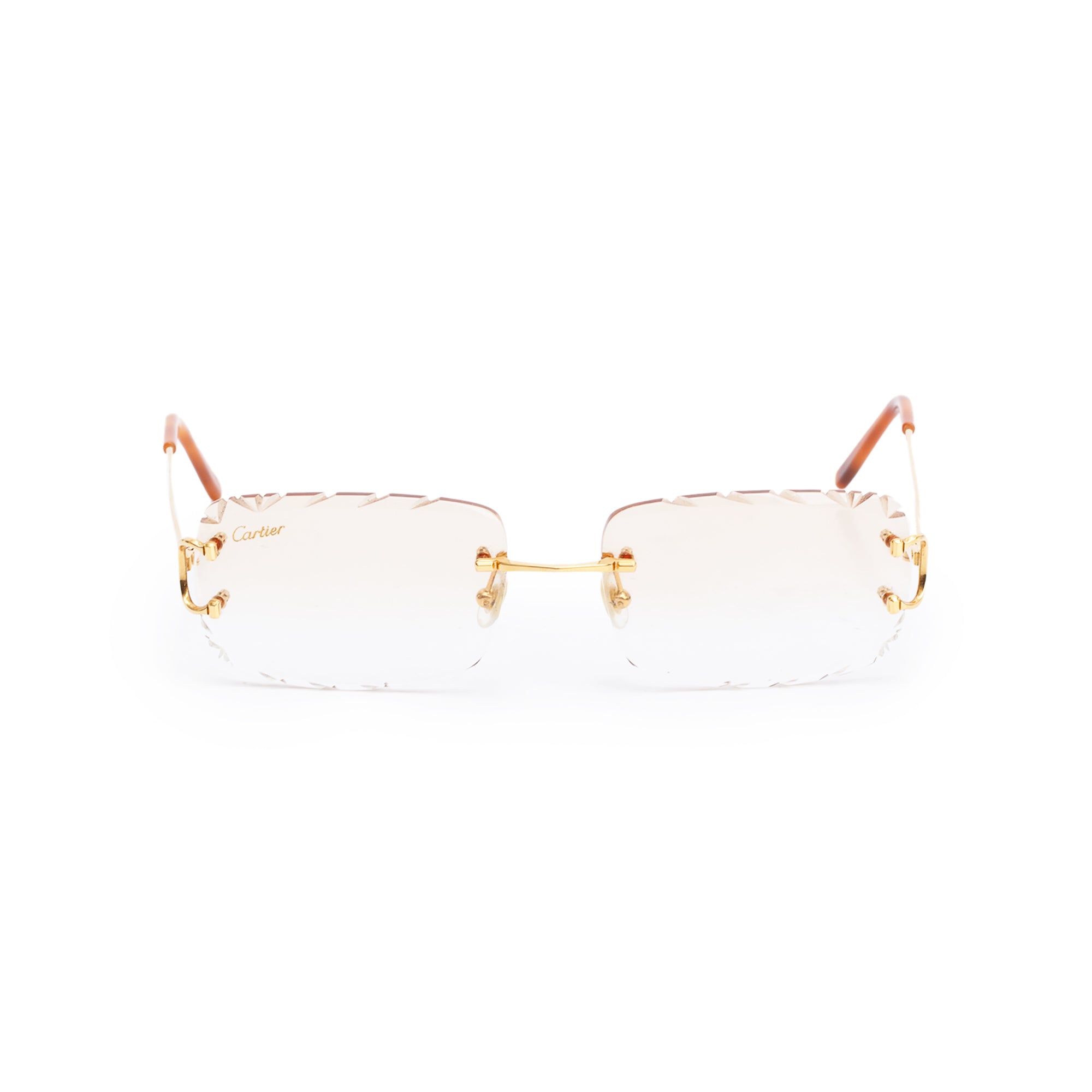 Cartier Gold Tone Metal Rimless Diamond Cut Sunglasses w/ Case