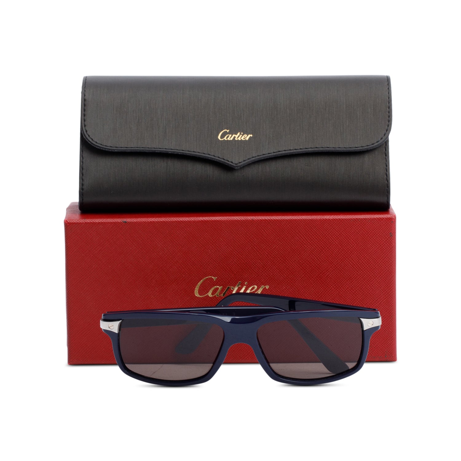 Cartier Navy Blue Acetate Santos De Cartier Rectangle Sunglasses w/ Box & Case