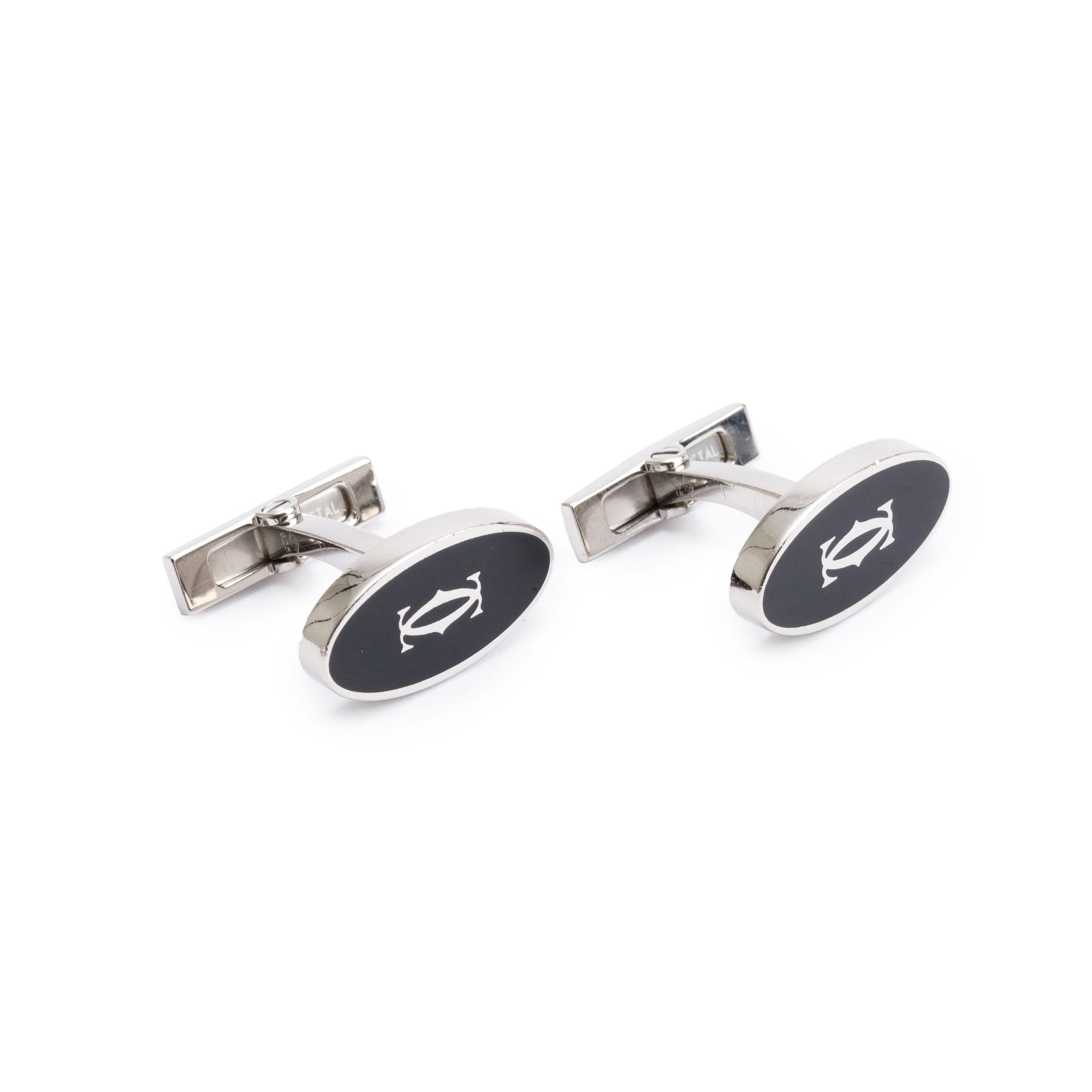 Cartier Palladium-Plated Black Laquer Double C Logo Decor Cufflinks