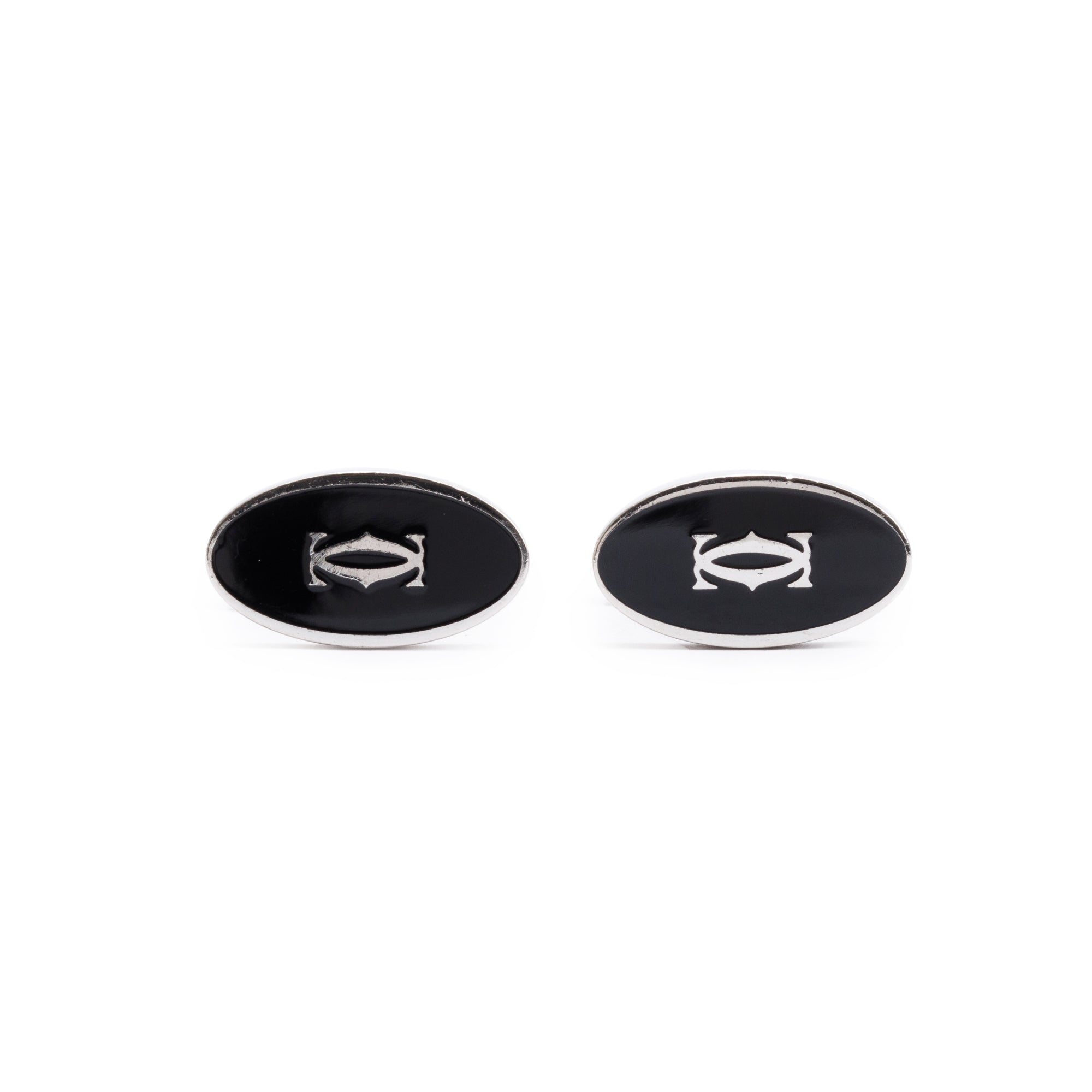 Cartier Palladium-Plated Black Laquer Double C Logo Decor Cufflinks