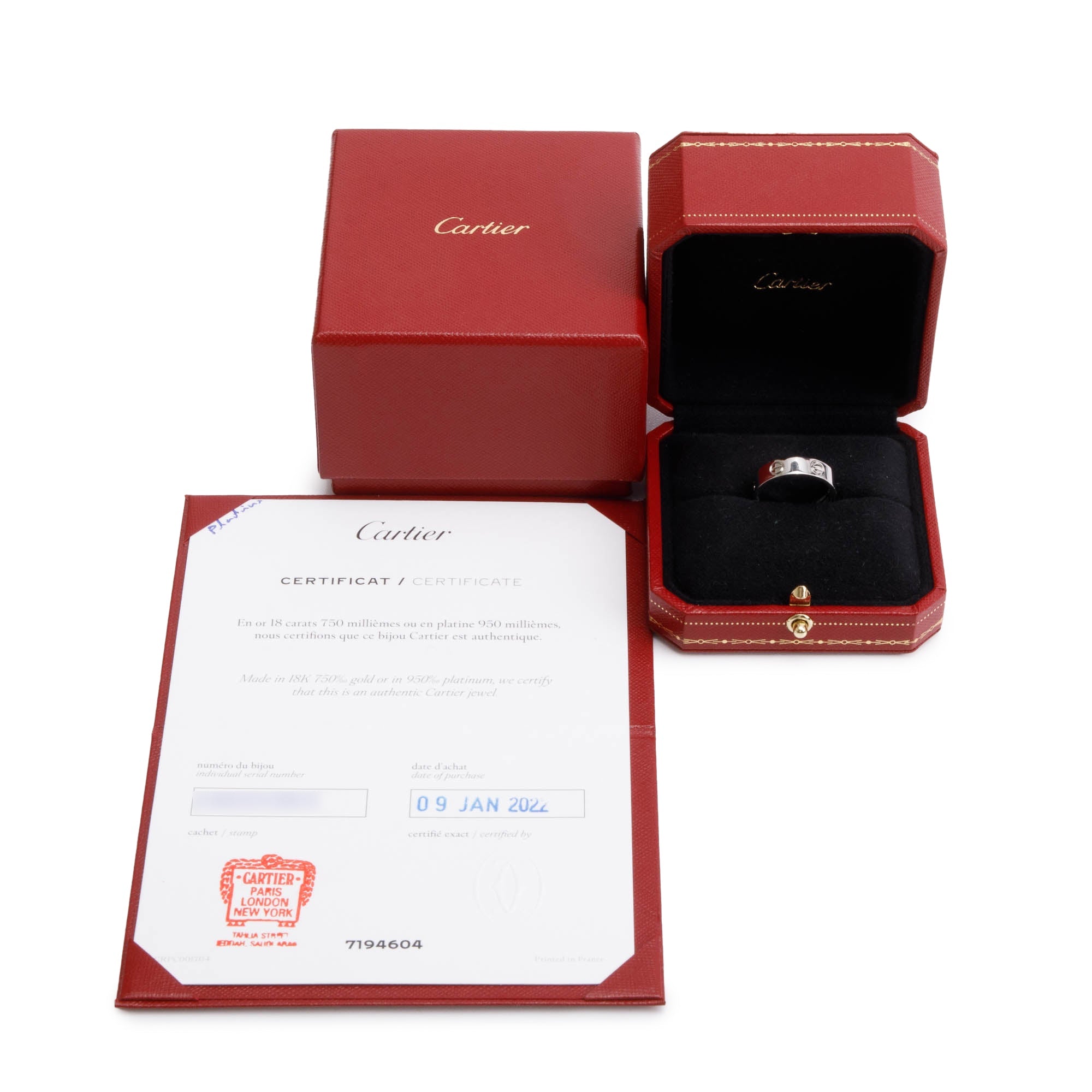 Cartier Platinum 5.5 MM Love Ring, Size 58 8.5 w/ Box & Certificate