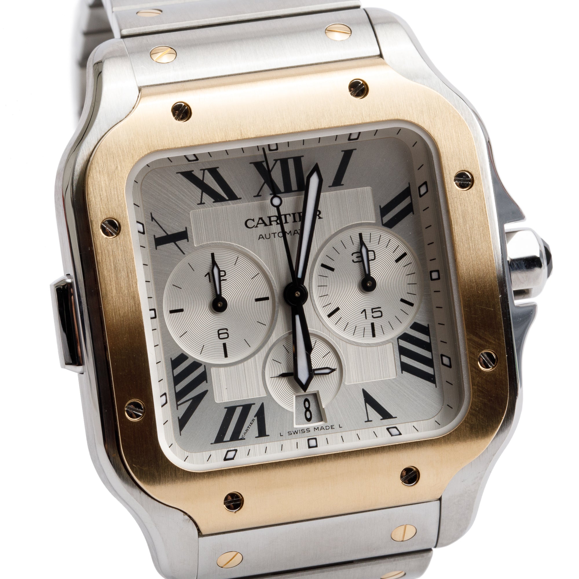 Cartier Stainless Steel & 18k Yellow Gold Santos de Cartier Chronograph Automatic Watch, Extra Large Model 4183 w/ Box, Papers & Extra Straps