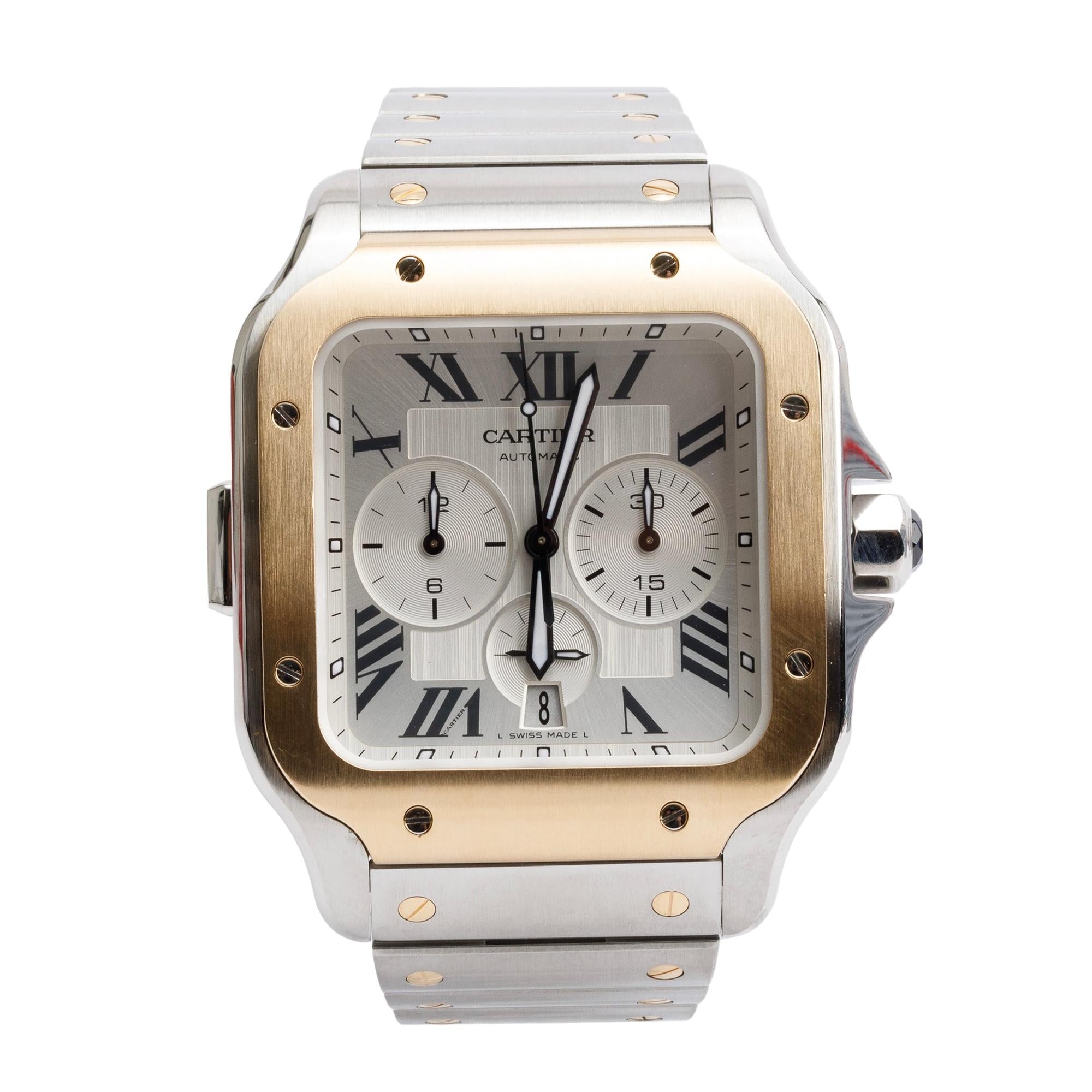 Cartier Stainless Steel & 18k Yellow Gold Santos de Cartier Chronograph Automatic Watch, Extra Large Model 4183 w/ Box, Papers & Extra Straps