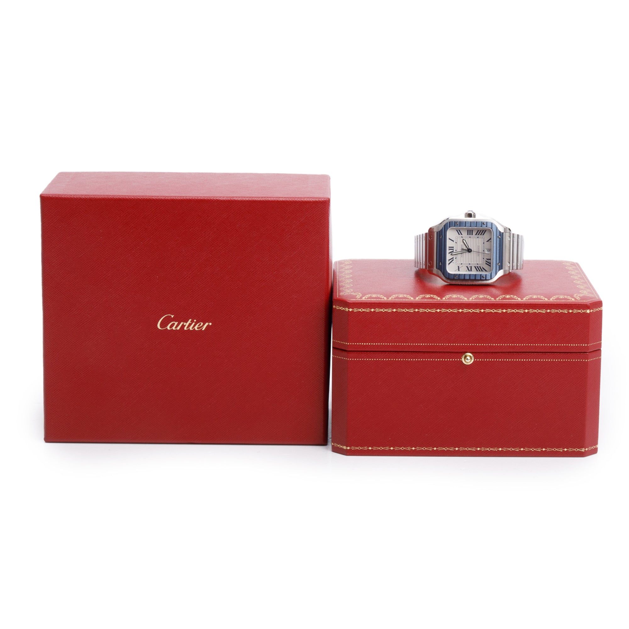 Cartier Stainless Steel Blue PVD Bezel Santos de Cartier Automatic Watch, Large Model 4072 w/ Box, Papers, Receipt & Extra Strap