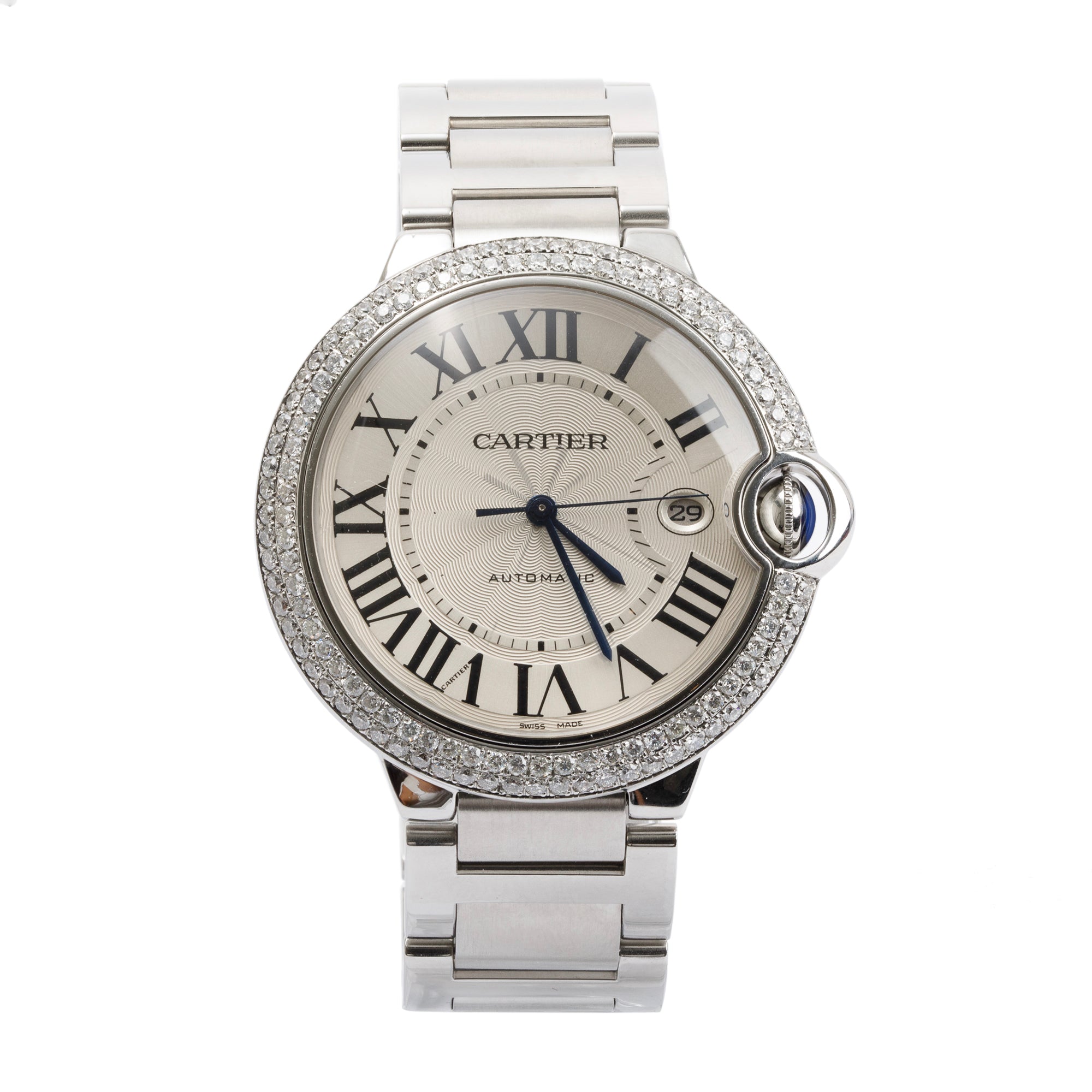Cartier Stainless Steel Diamond Bezel Ballon Bleu de Cartier 42MM Automatic Watch w/ Box & Papers
