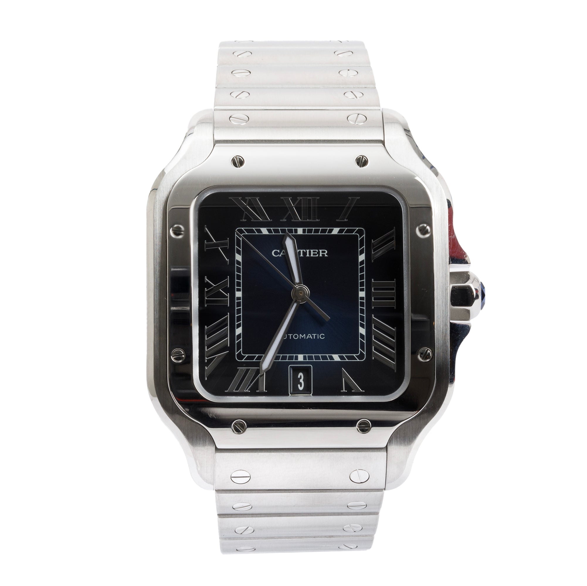 Cartier Stainless Steel Santos de Cartier Blue Dial Automatic Watch, Large Model w/ Box, Papers, Extra Strap