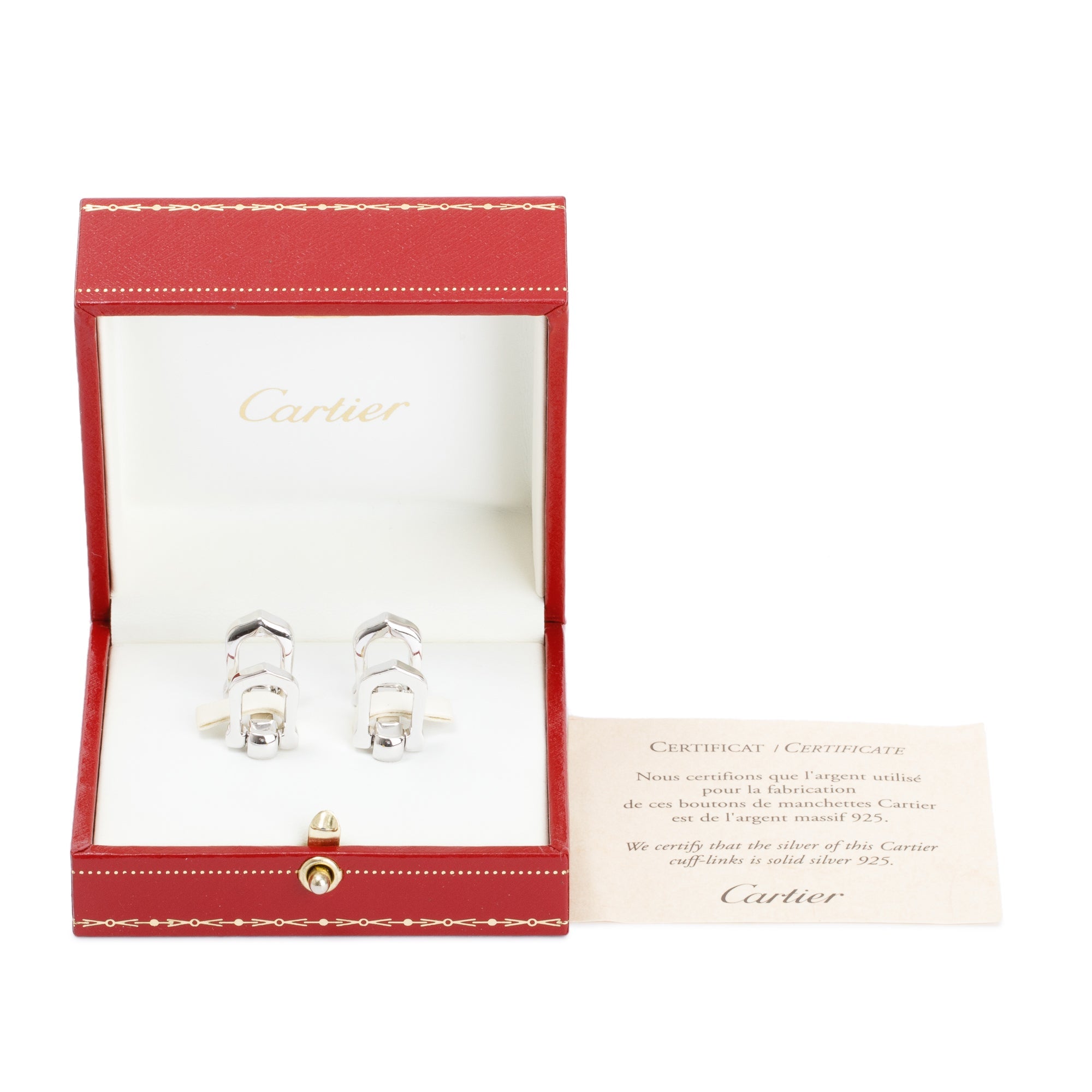 Cartier Sterling Silver Elongated C Shaped Decor Cufflinks w/ Box & Certificate