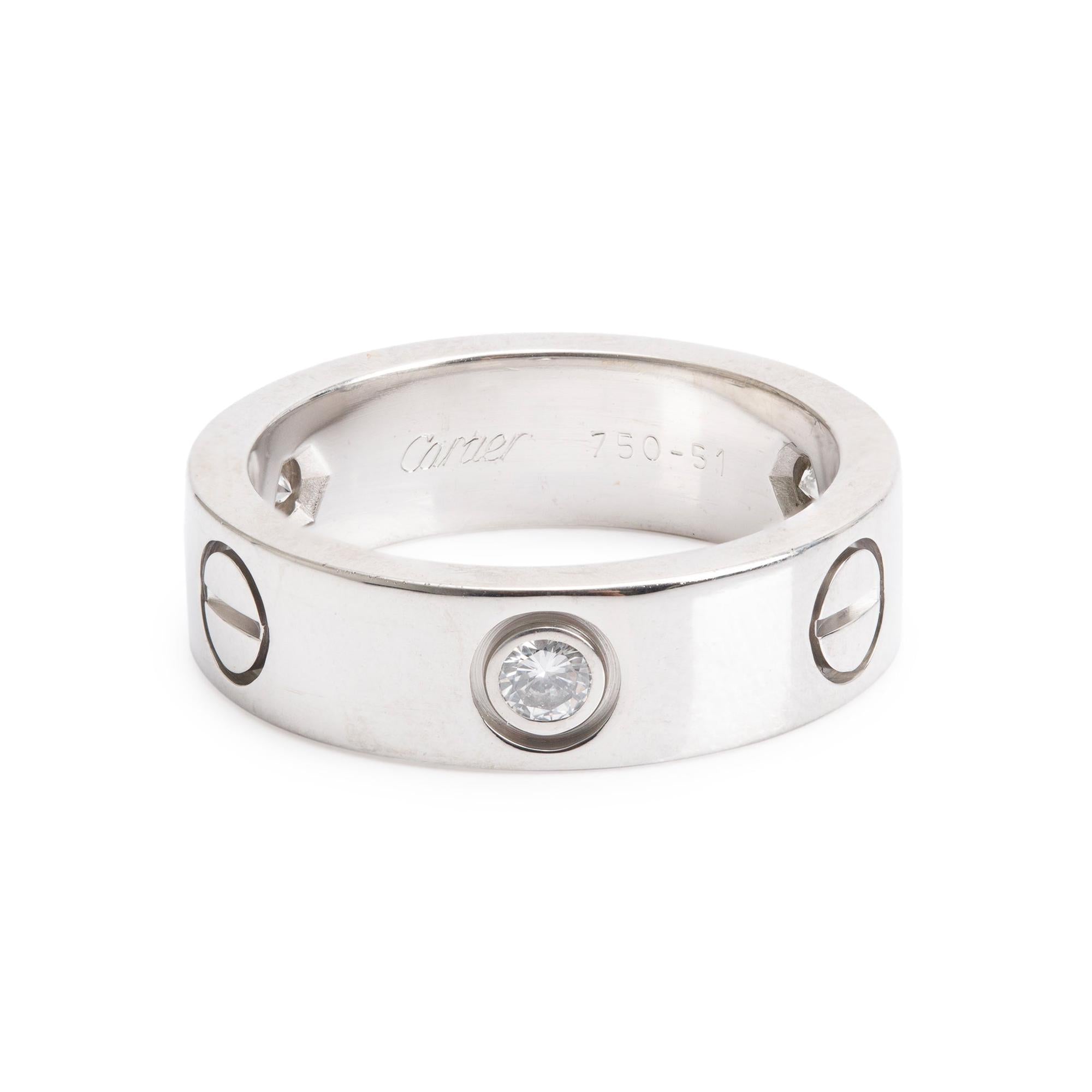 Cartier Vintage 18k White Gold 3 Diamond 5.5 MM Love Ring, Size 51 5.75