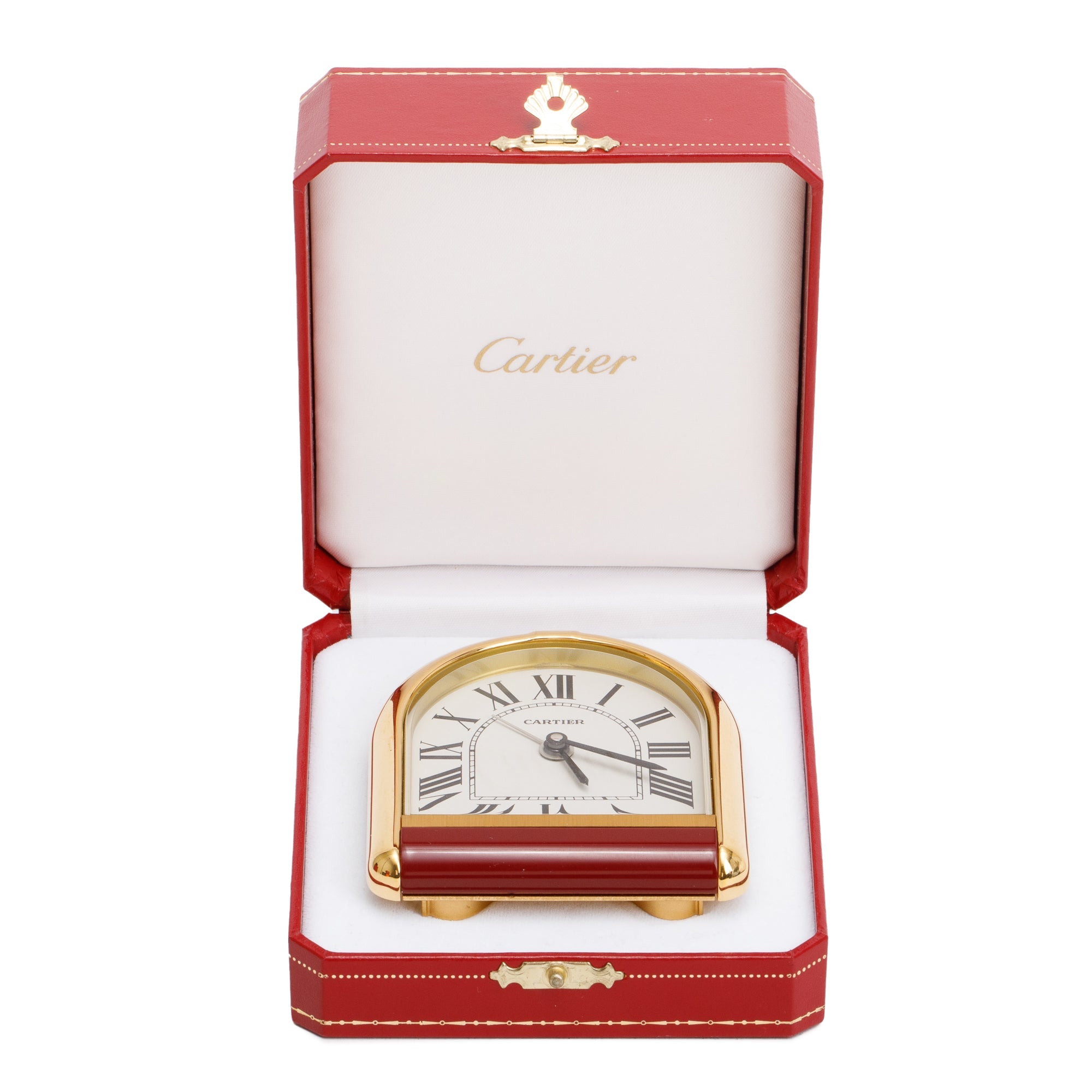 Cartier Vintage Gold Plated & Red Lacquer Tortue Alarm Clock w/ Box