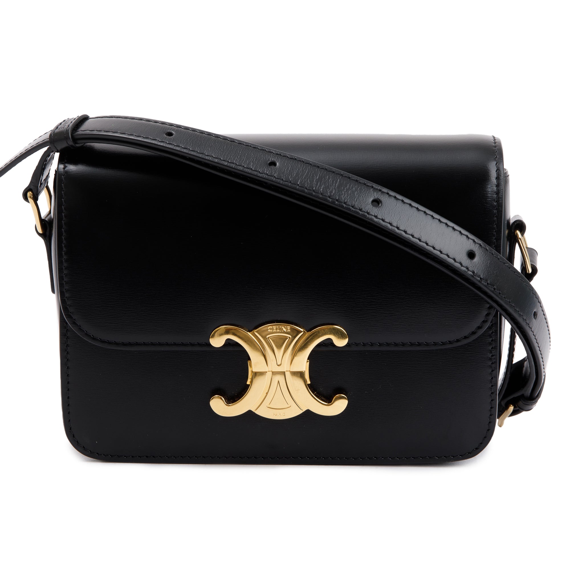 Celine 2020 Black Shiny Calfskin Leather Teen Triomphe Shoulder Bag