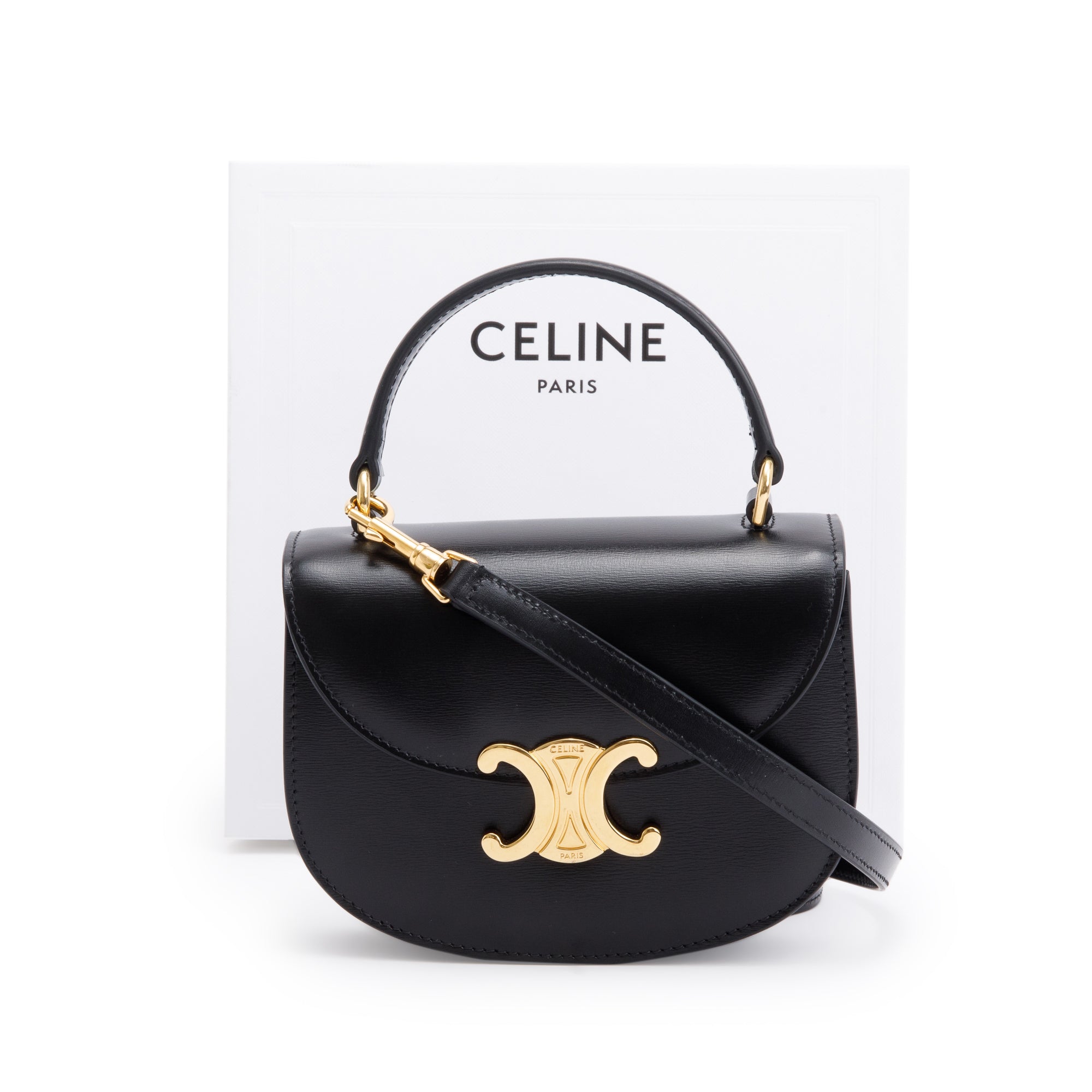 Celine 2021 Black Shiny Calfskin Leather Mini Besace Clea Shoulder Bag w/ Strap & Box