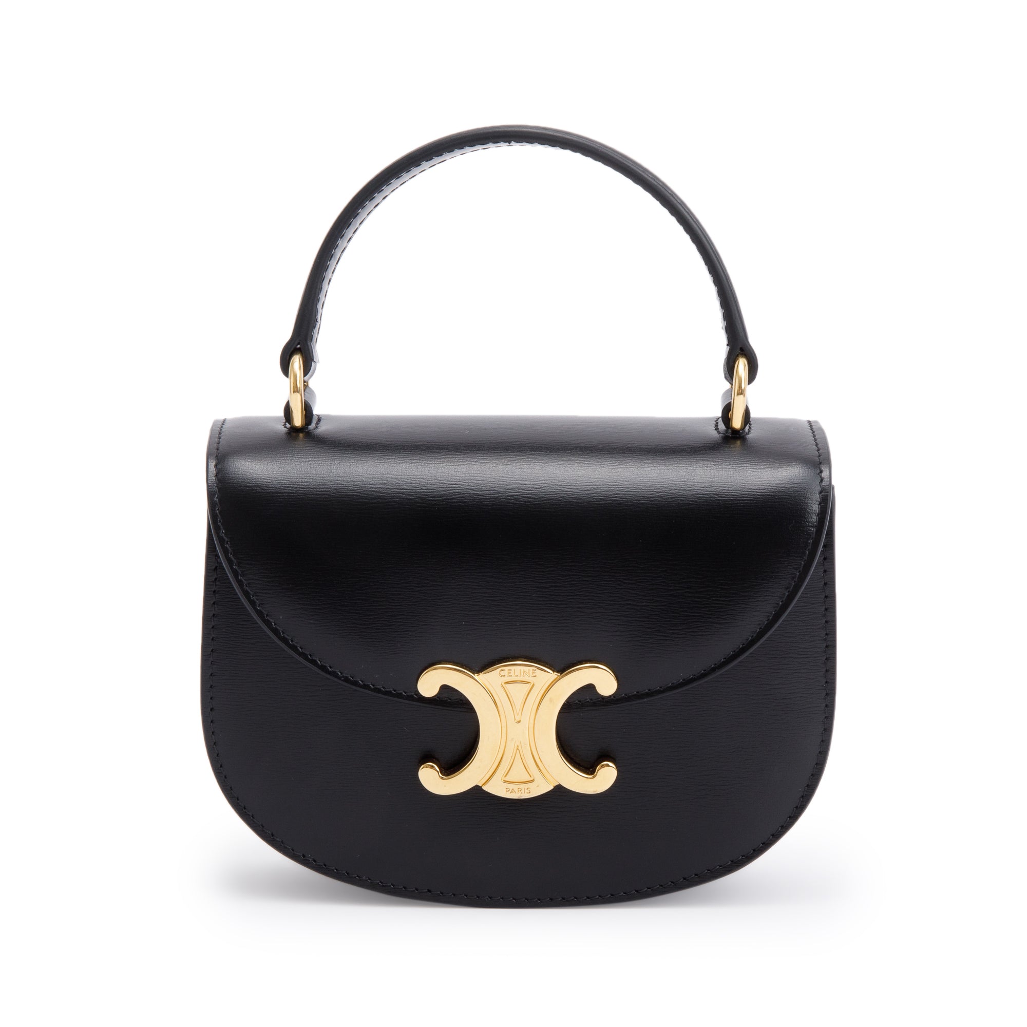 Celine 2021 Black Shiny Calfskin Leather Mini Besace Clea Shoulder Bag w/ Strap & Box