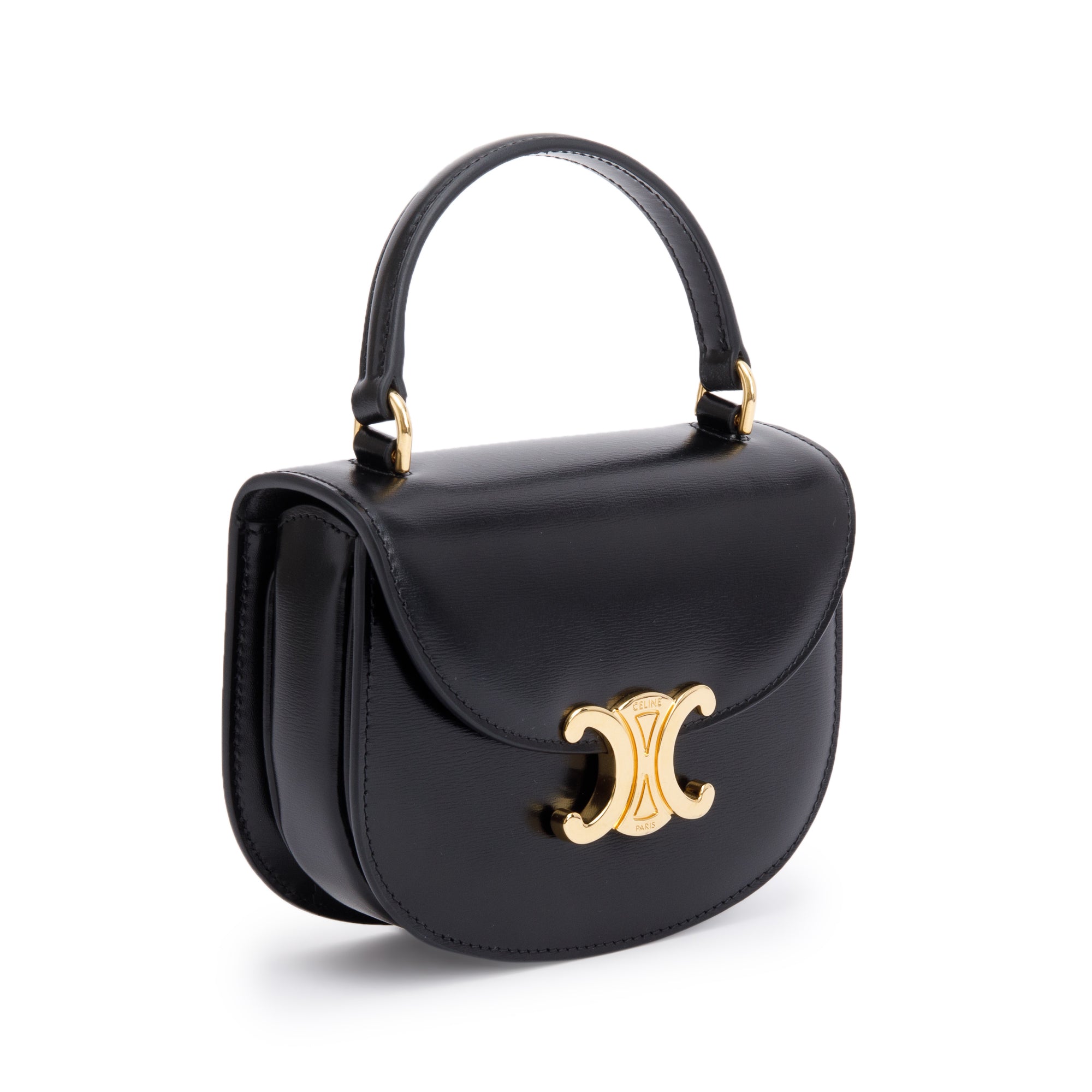 Celine 2021 Black Shiny Calfskin Leather Mini Besace Clea Shoulder Bag w/ Strap & Box