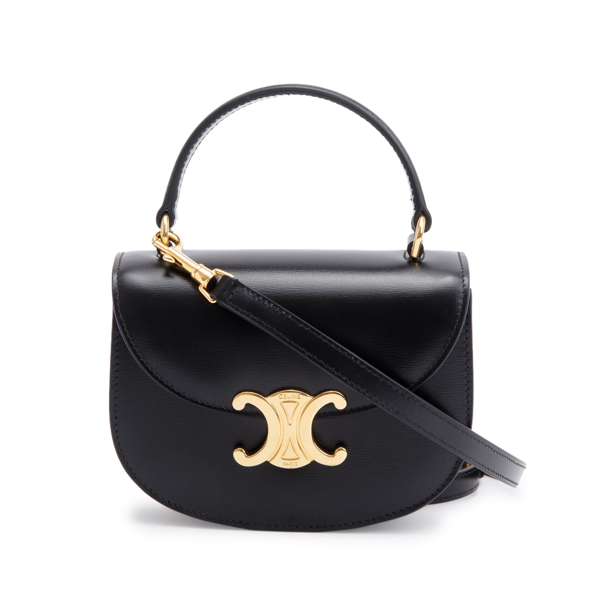 Celine 2021 Black Shiny Calfskin Leather Mini Besace Clea Shoulder Bag w/ Strap & Box