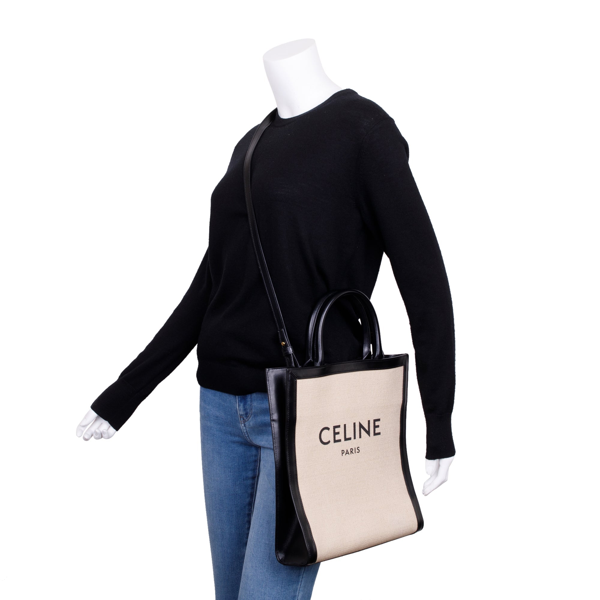 Celine 2021 Small Beige Canvas Black Calfskin Logo Vertical Cabas Tote w/ Strap