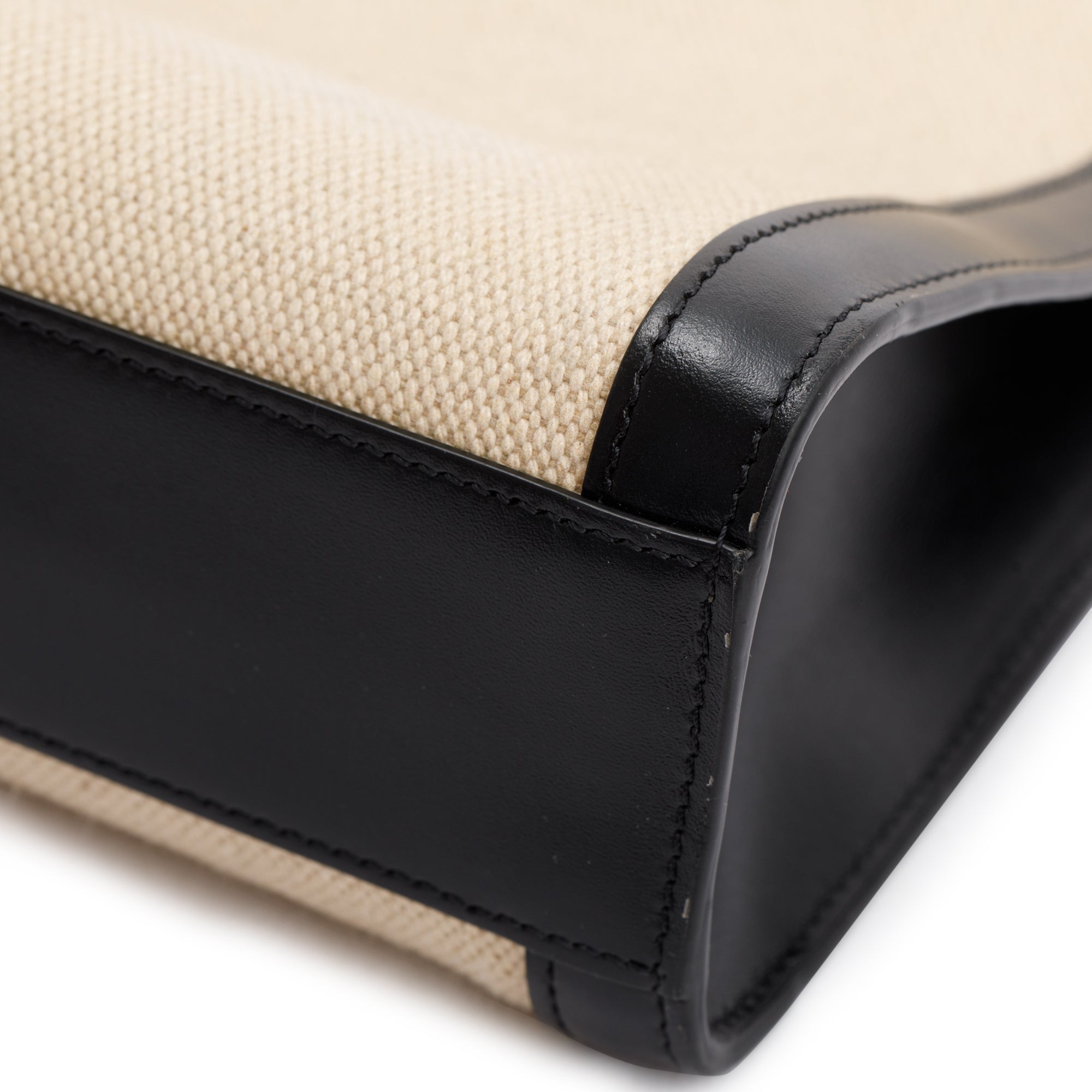 Celine 2021 Small Beige Canvas Black Calfskin Logo Vertical Cabas Tote w/ Strap