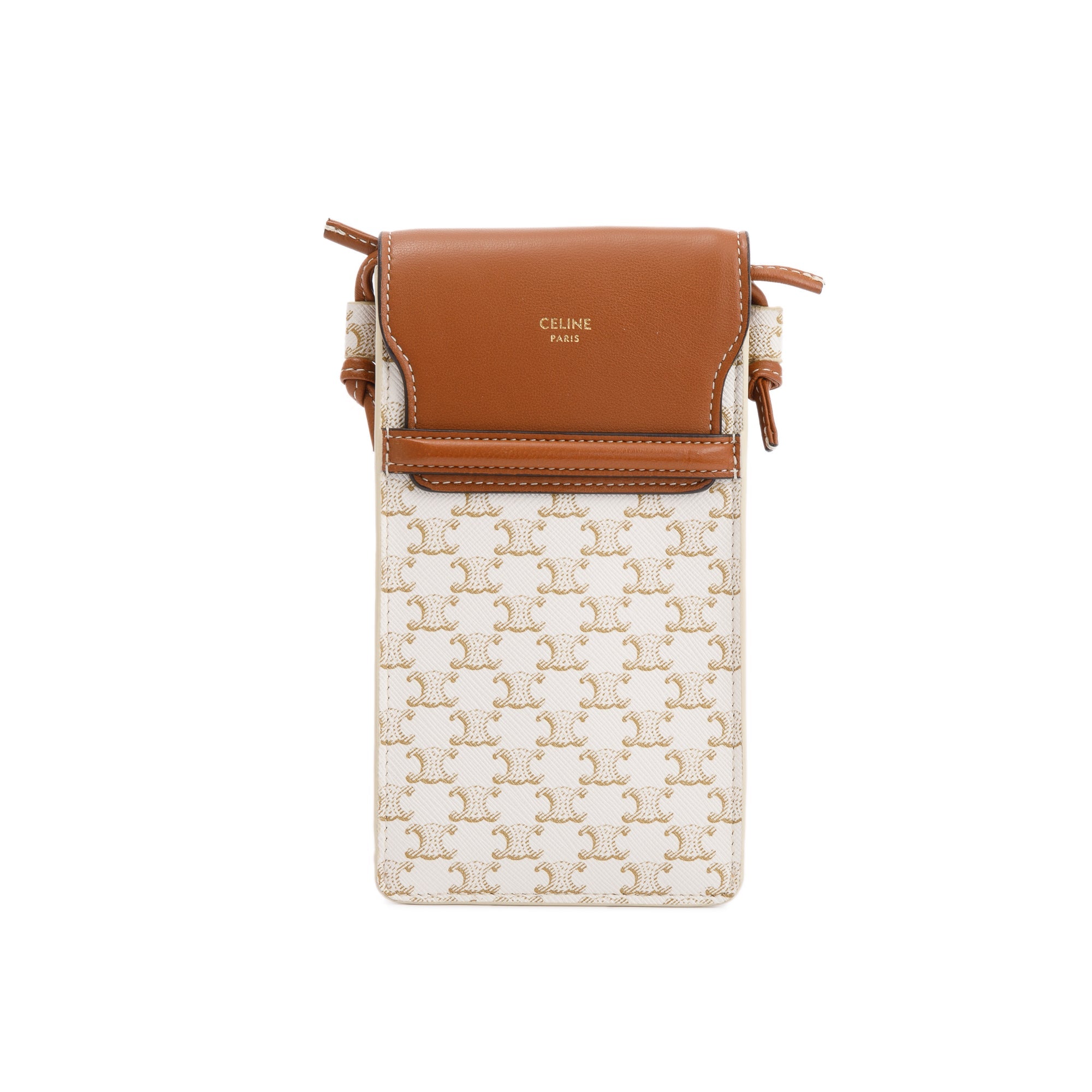 Celine 2021 White Triomphe Canvas & Tan Lambskin Leather Flap Phone Pouch