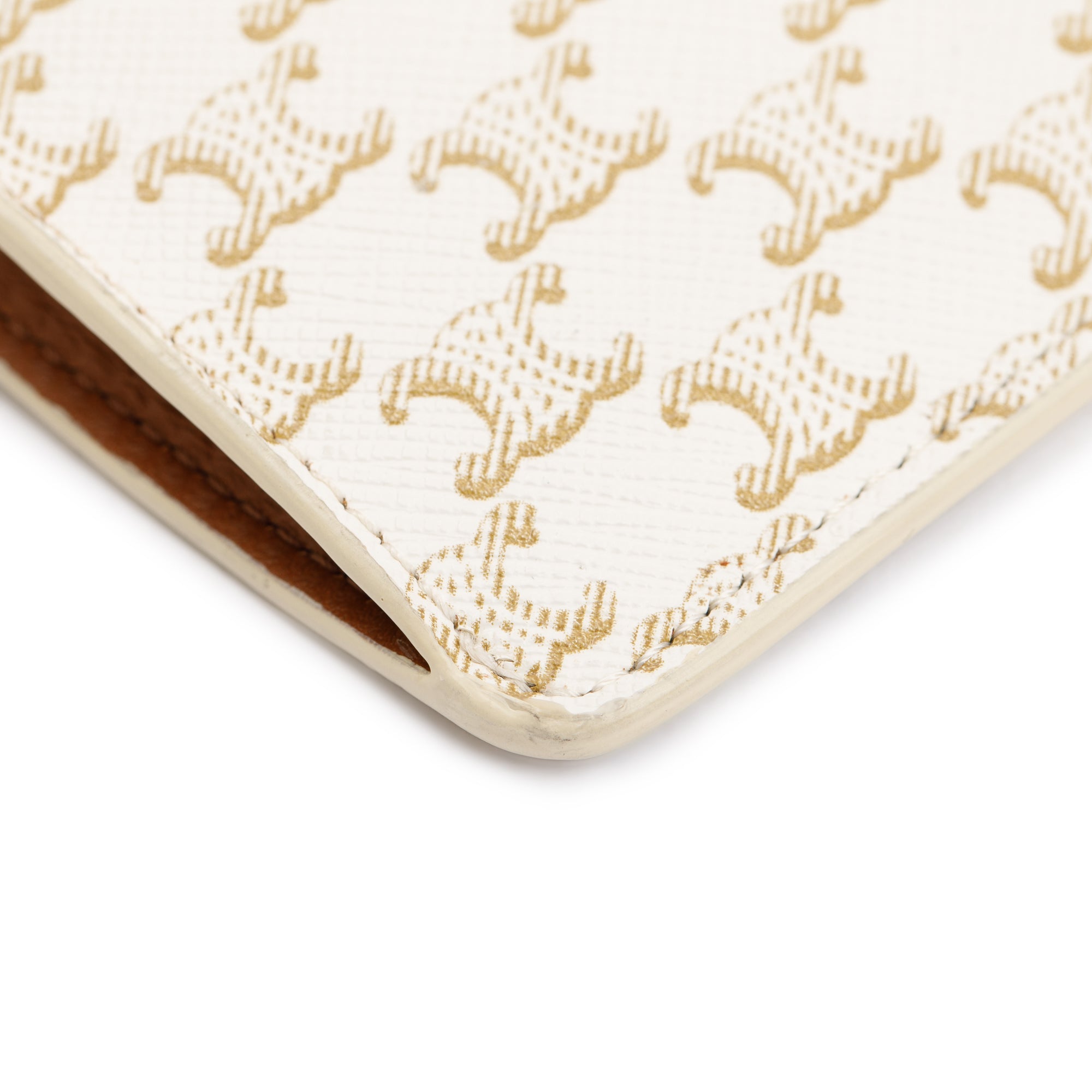 Celine 2021 White Triomphe Canvas & Tan Lambskin Leather Flap Phone Pouch