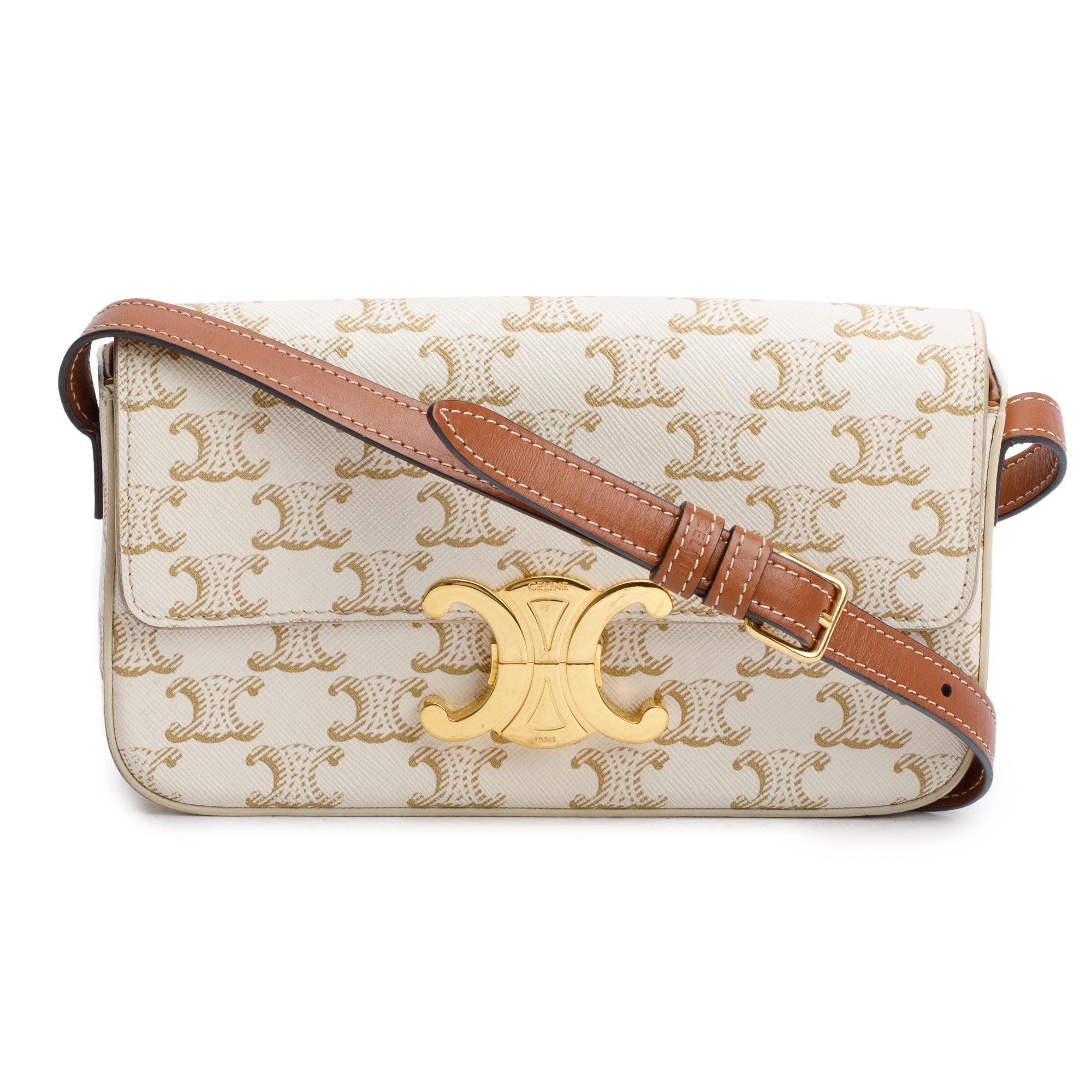 Celine 2021 White Triomphe Canvas and Calfskin Leather Claude Shoulder Bag